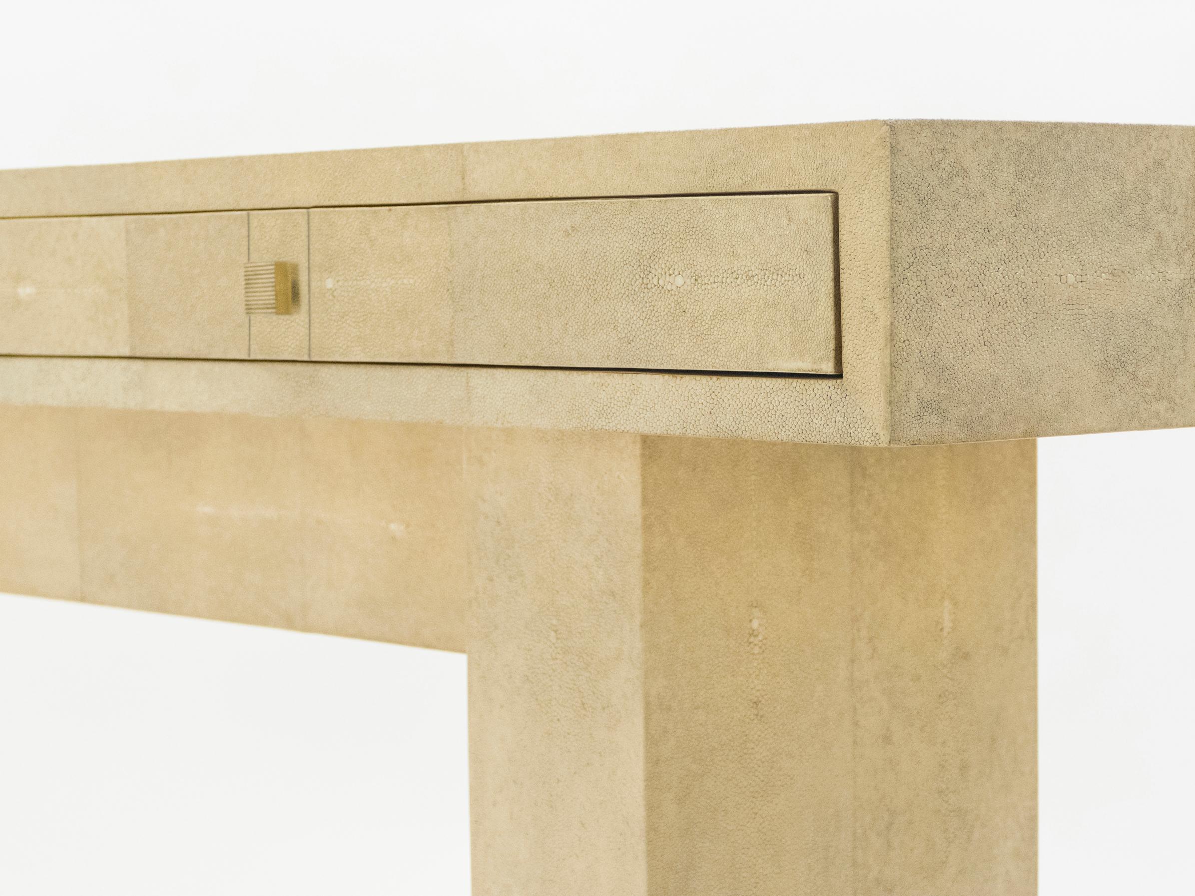 Mid-Century Modern Neoclassical French Shagreen Brass Glass Console Table, 1980s