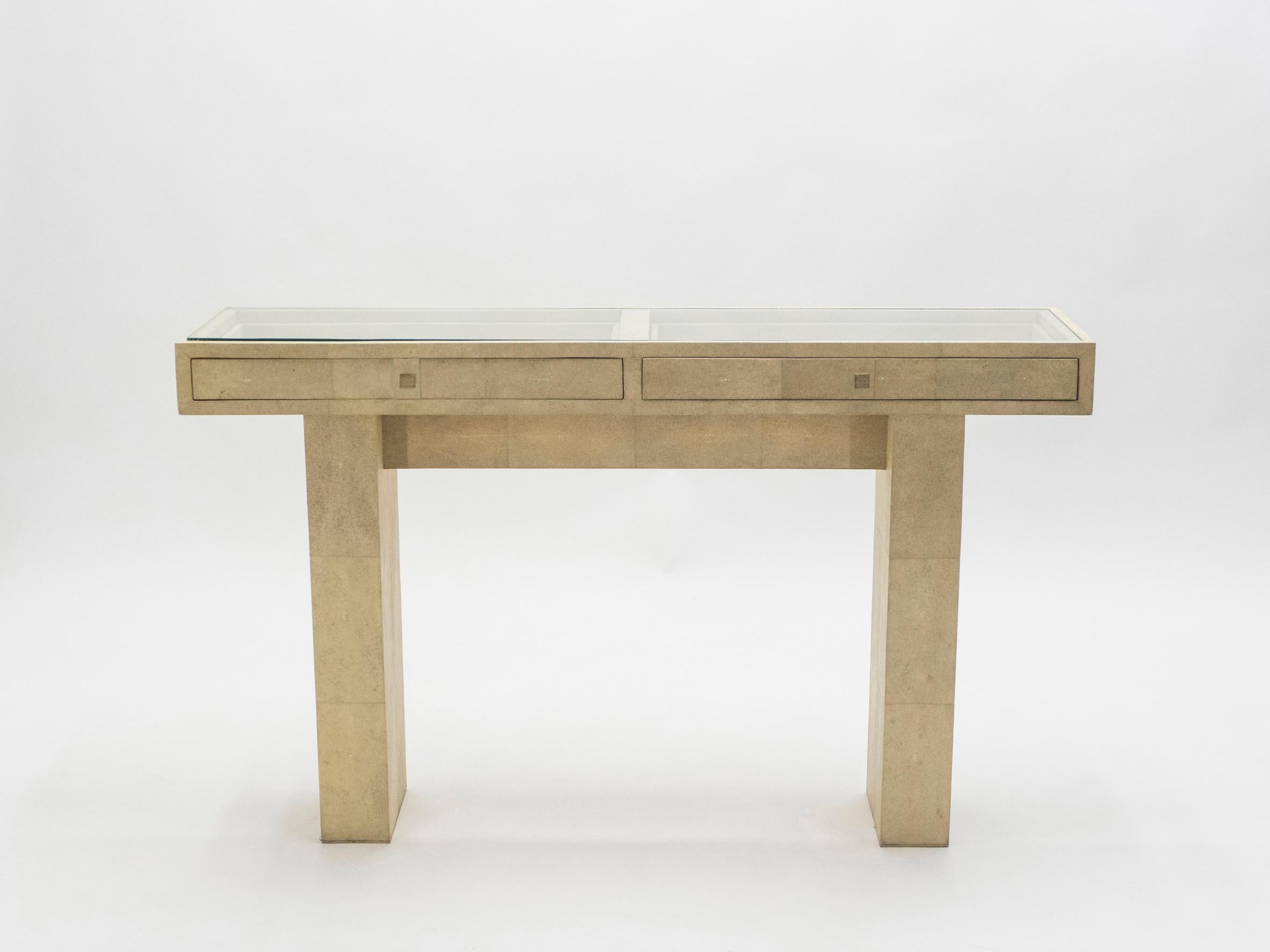 Neoclassical French Shagreen Brass Glass Console Table, 1980s 1