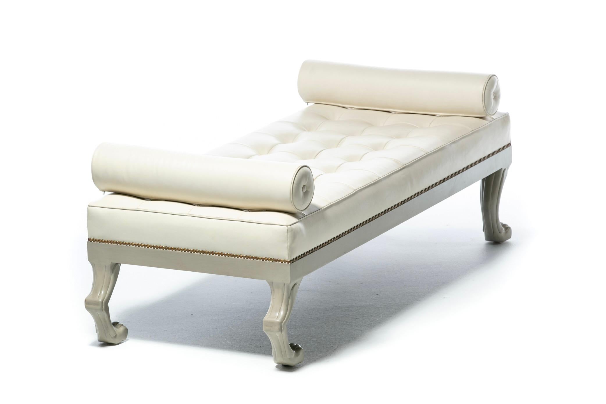 Neoclassical French Style Lion Themed Daybed in Tufted Ivory White Leather 10