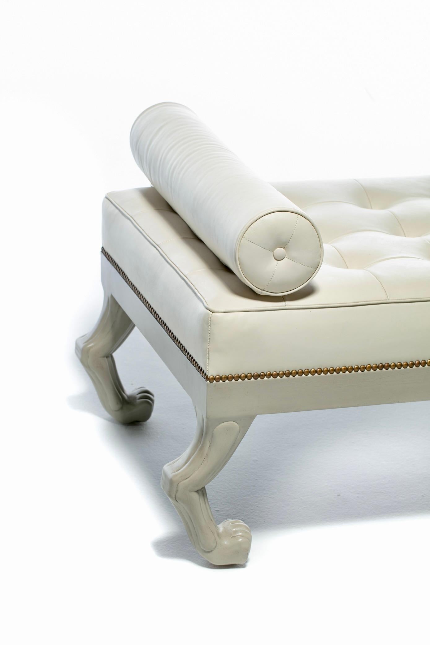 Contemporary Neoclassical French Style Lion Themed Daybed in Tufted Ivory White Leather