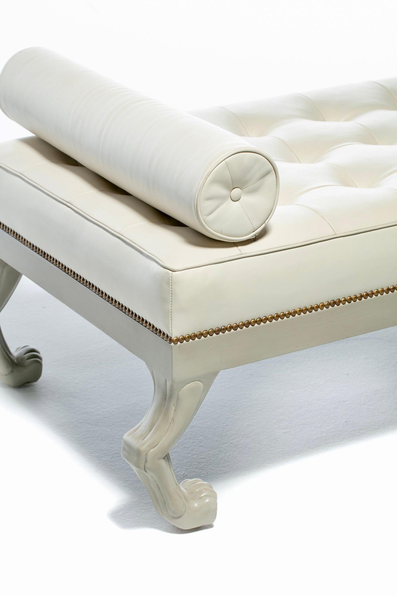 Brass Neoclassical French Style Lion Themed Daybed in Tufted Ivory White Leather