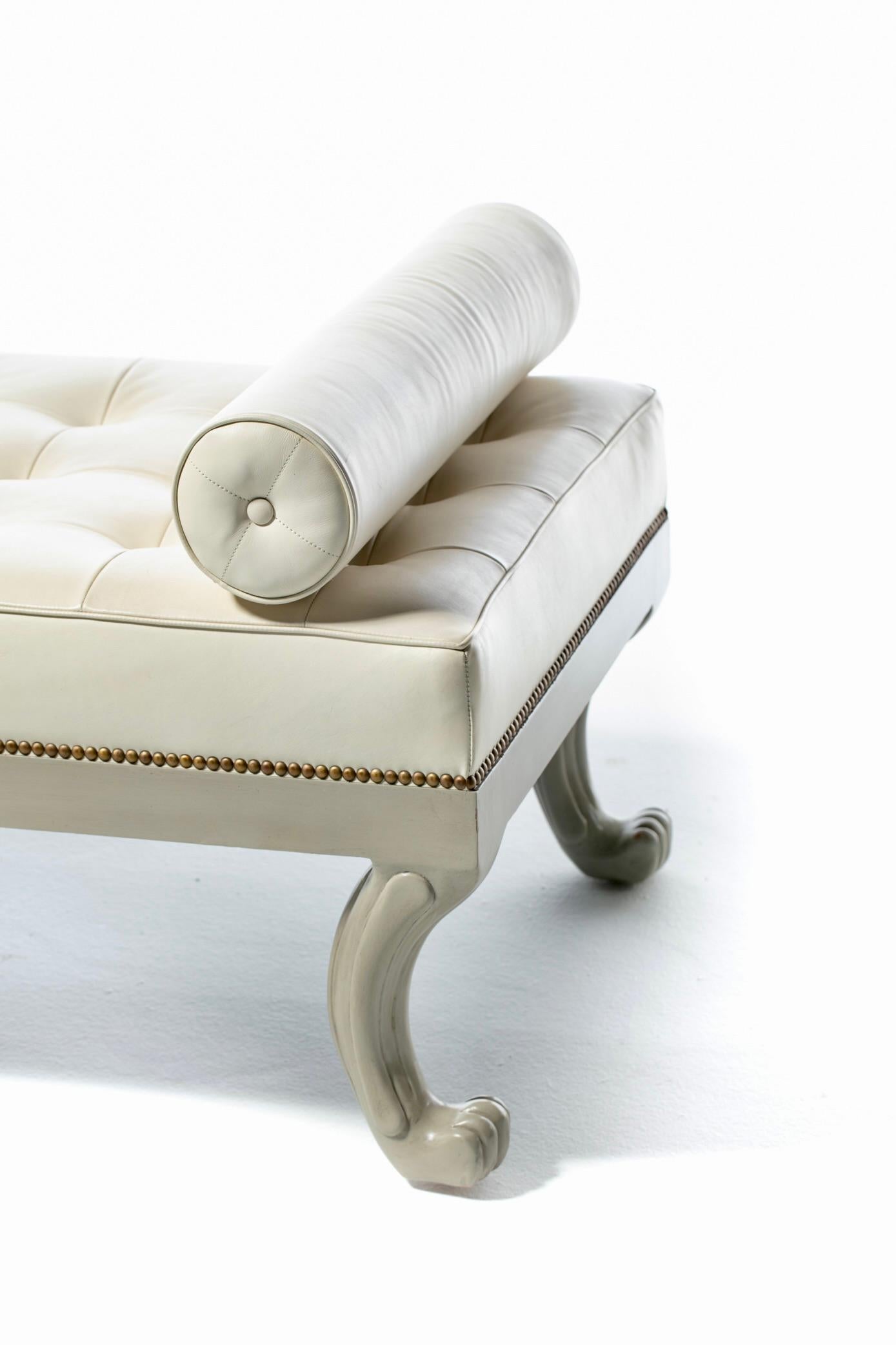 Neoclassical French Style Lion Themed Daybed in Tufted Ivory White Leather 1