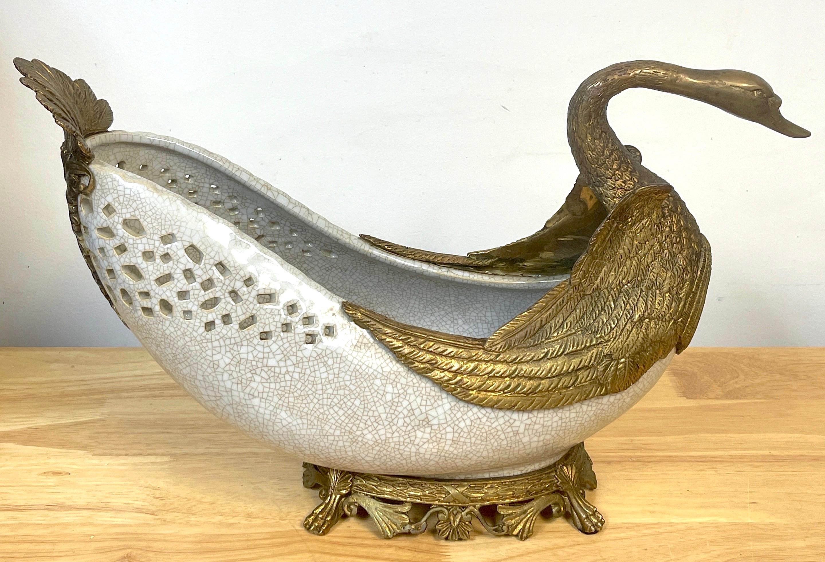 20th Century Neoclassical French Style Patinated Bronze & Crackle Glaze Centerpiece For Sale
