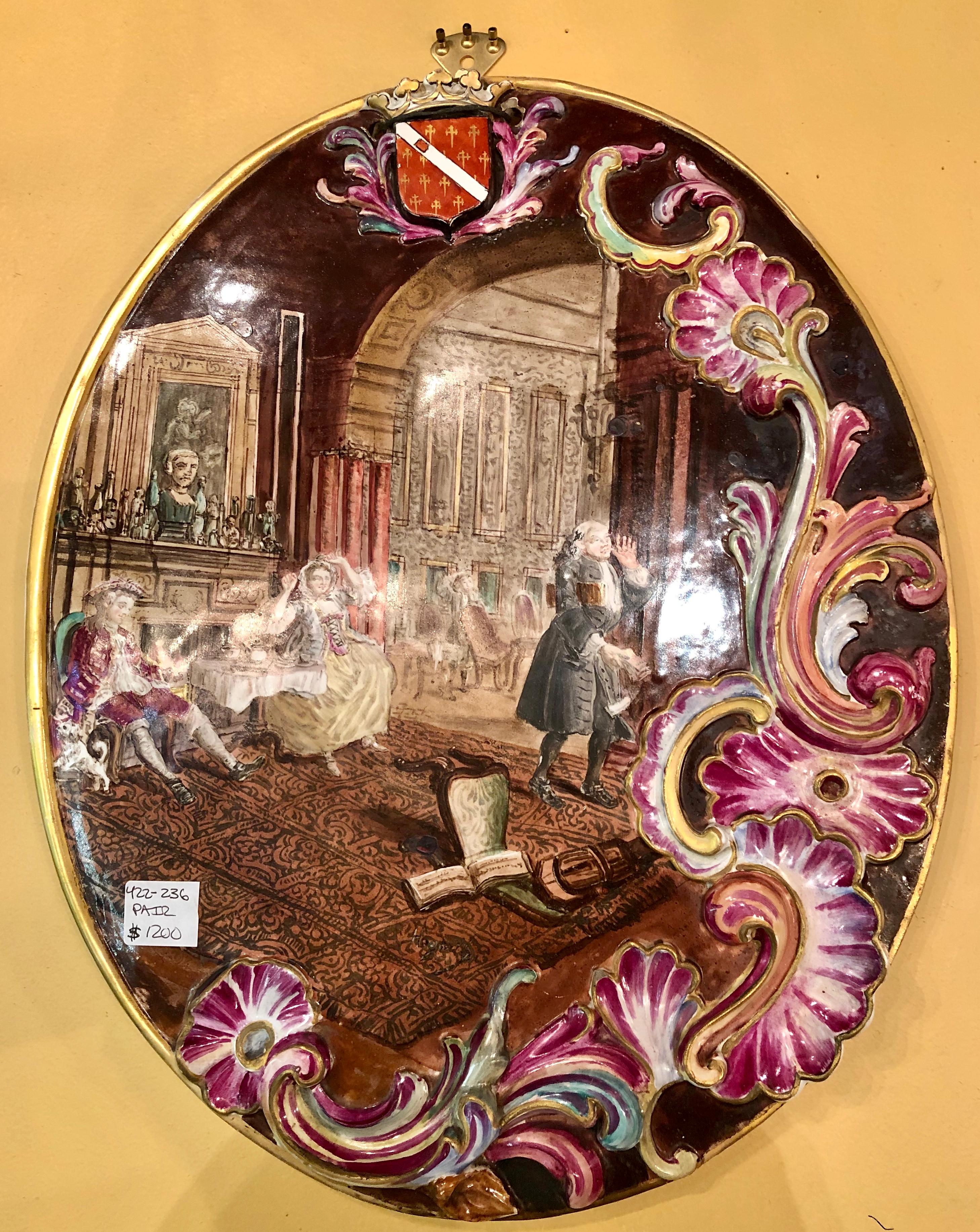Neoclassical Genre Scene Painted 3 Dimensional Porcelain Signed Plaques, a Pair In Good Condition In Stamford, CT