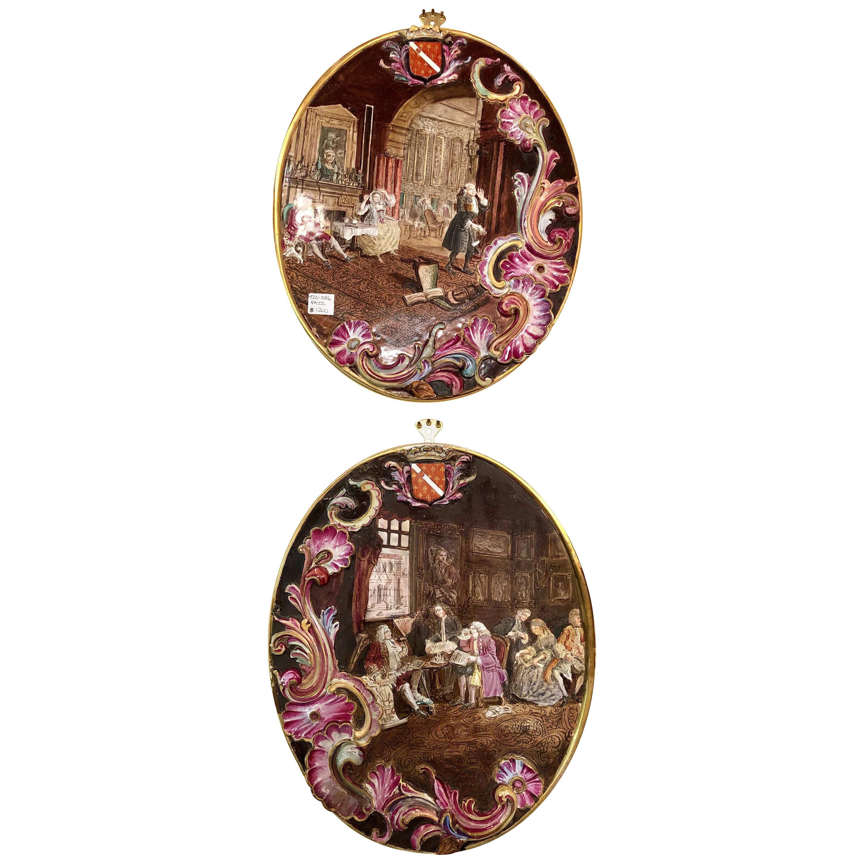 Neoclassical Genre Scene Painted 3 Dimensional Porcelain Signed Plaques, a Pair