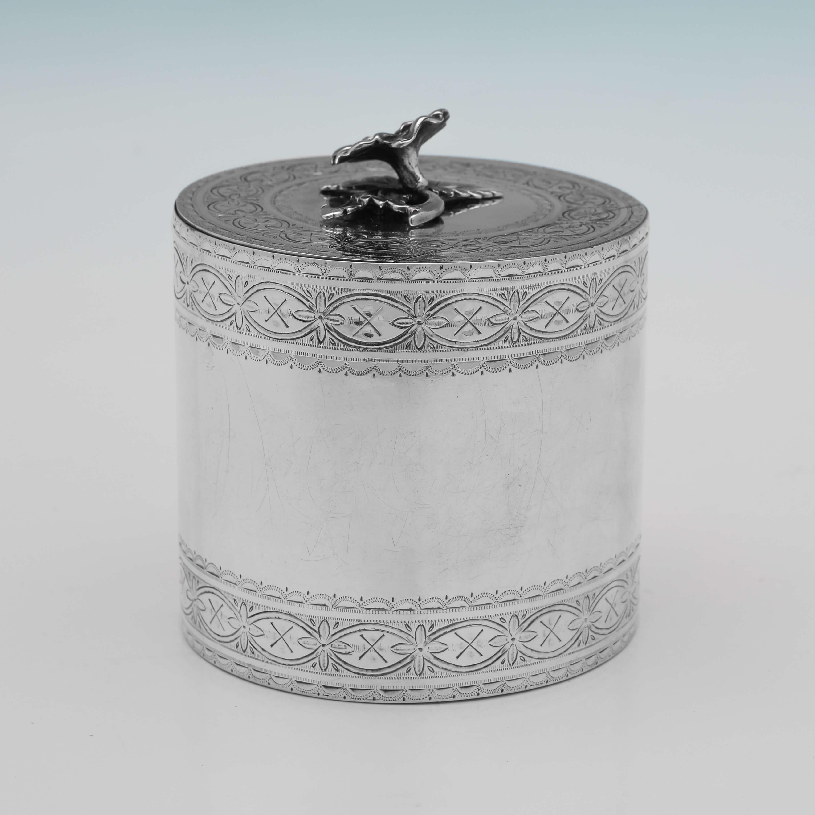English Neoclassical George III Period Antique Sterling Silver Tea Caddy - London 1775 For Sale
