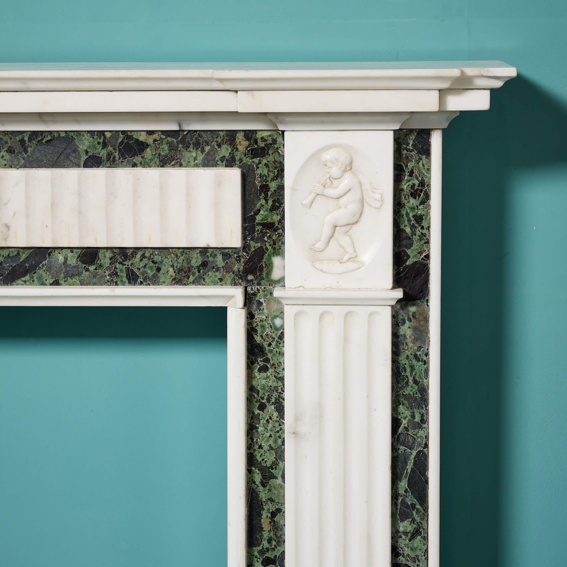 English Neoclassical Georgian Style White & Tinos Green Marble Fire Mantel For Sale