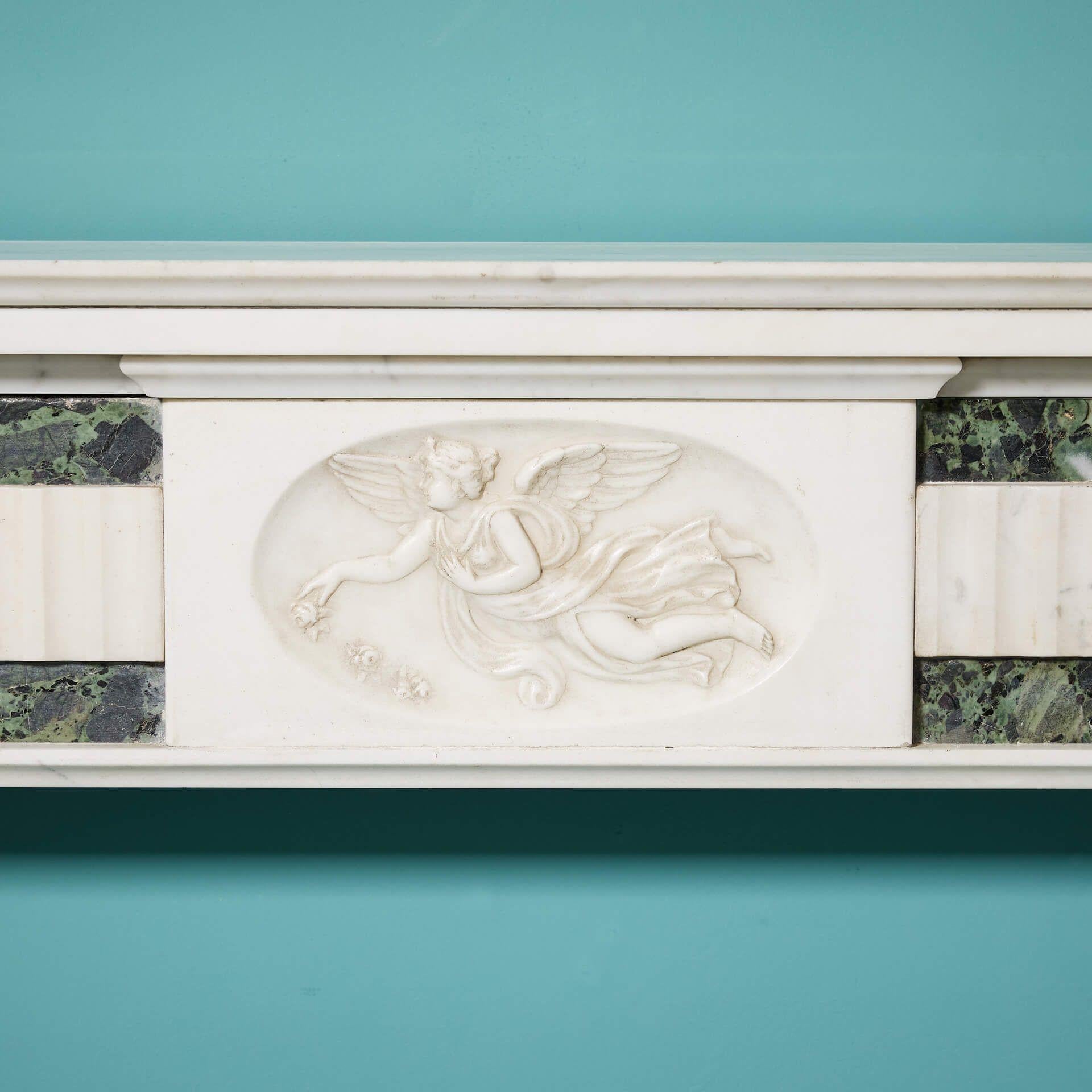 20th Century Neoclassical Georgian Style White & Tinos Green Marble Fire Mantel For Sale