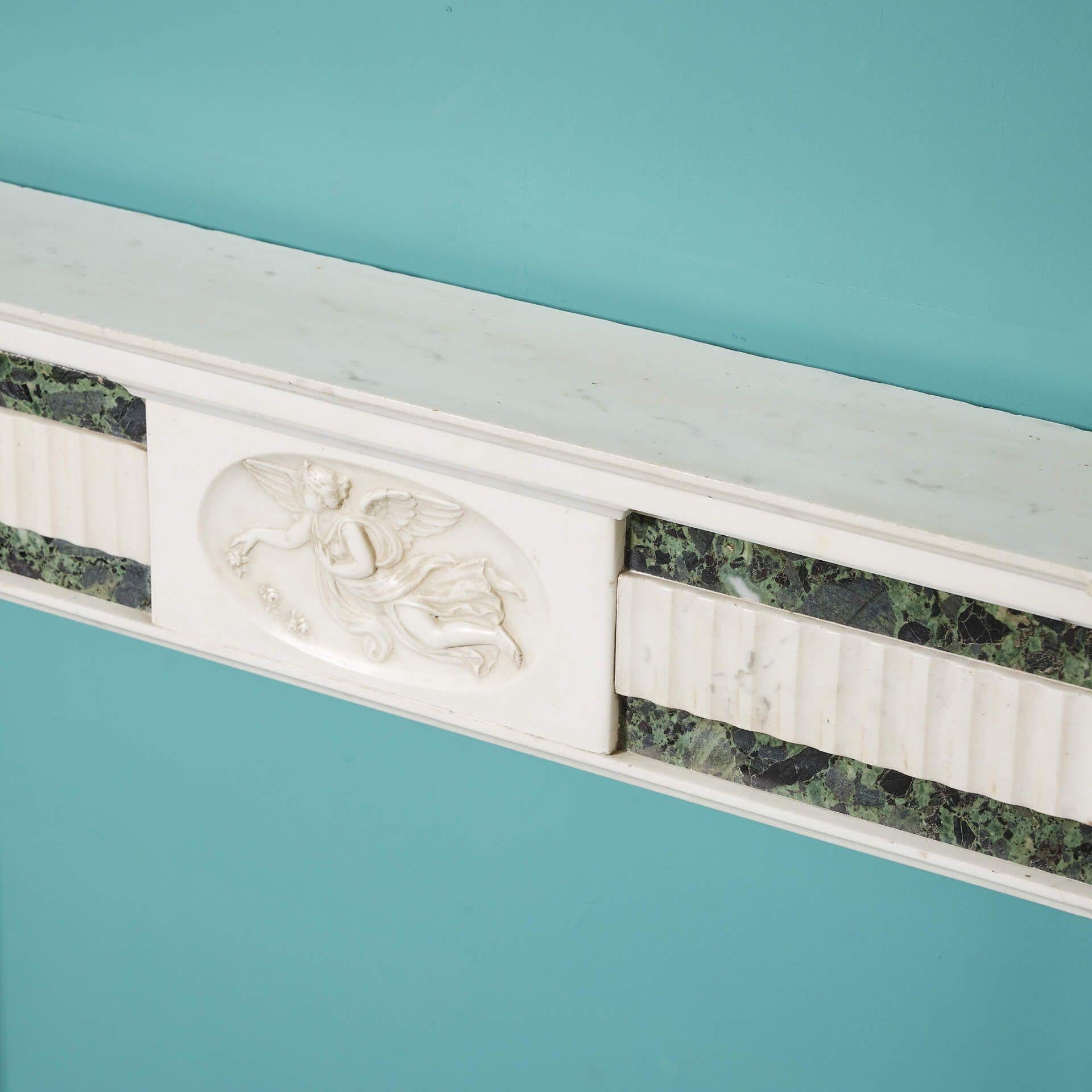 Neoclassical Georgian Style White & Tinos Green Marble Fire Mantel For Sale 1