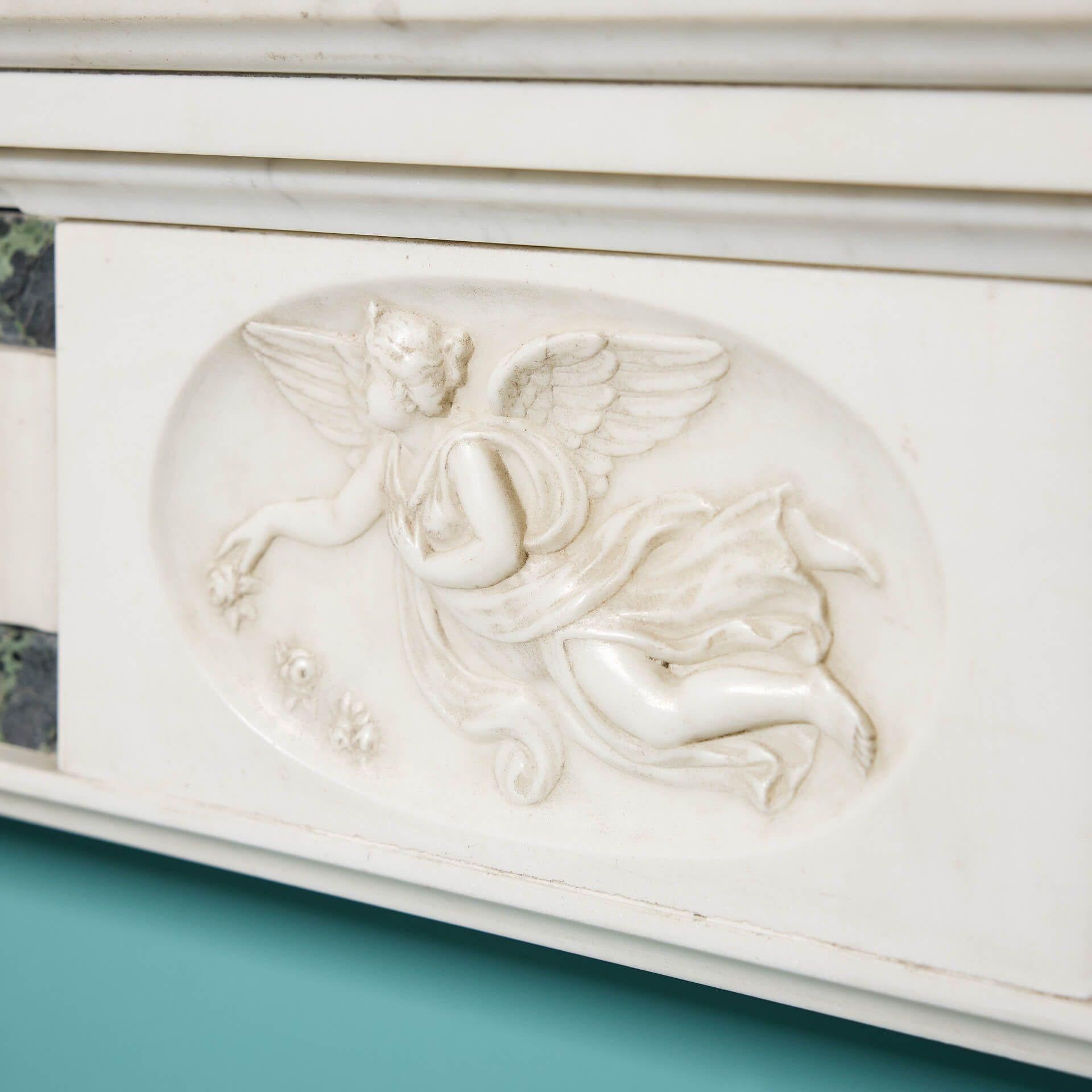 Neoclassical Georgian Style White & Tinos Green Marble Fire Mantel For Sale 3