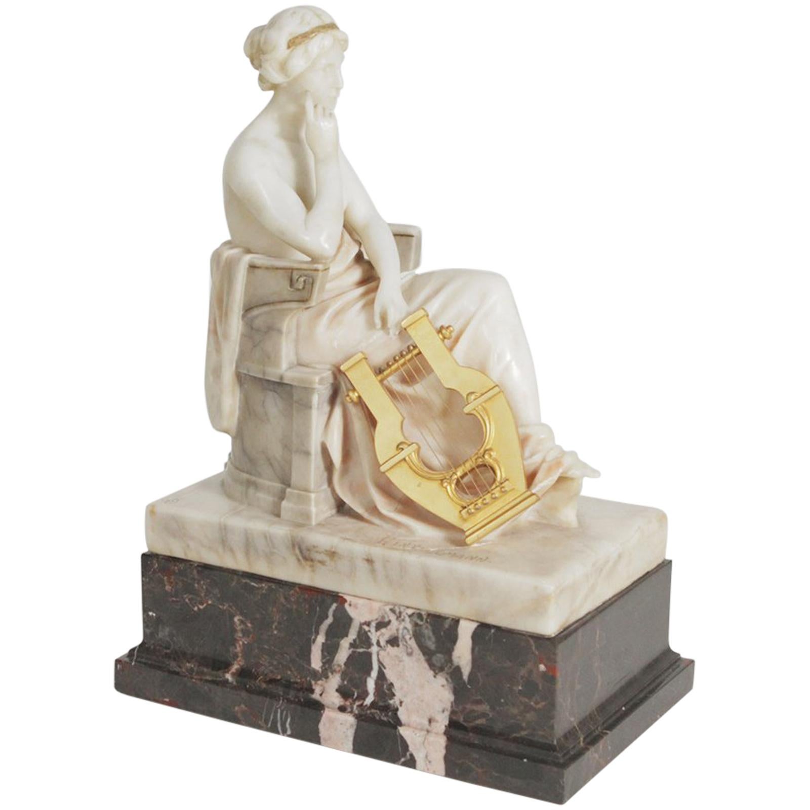 Neoclassical German Marble and Ormolu Sculpture of a Seated Muse with Harp