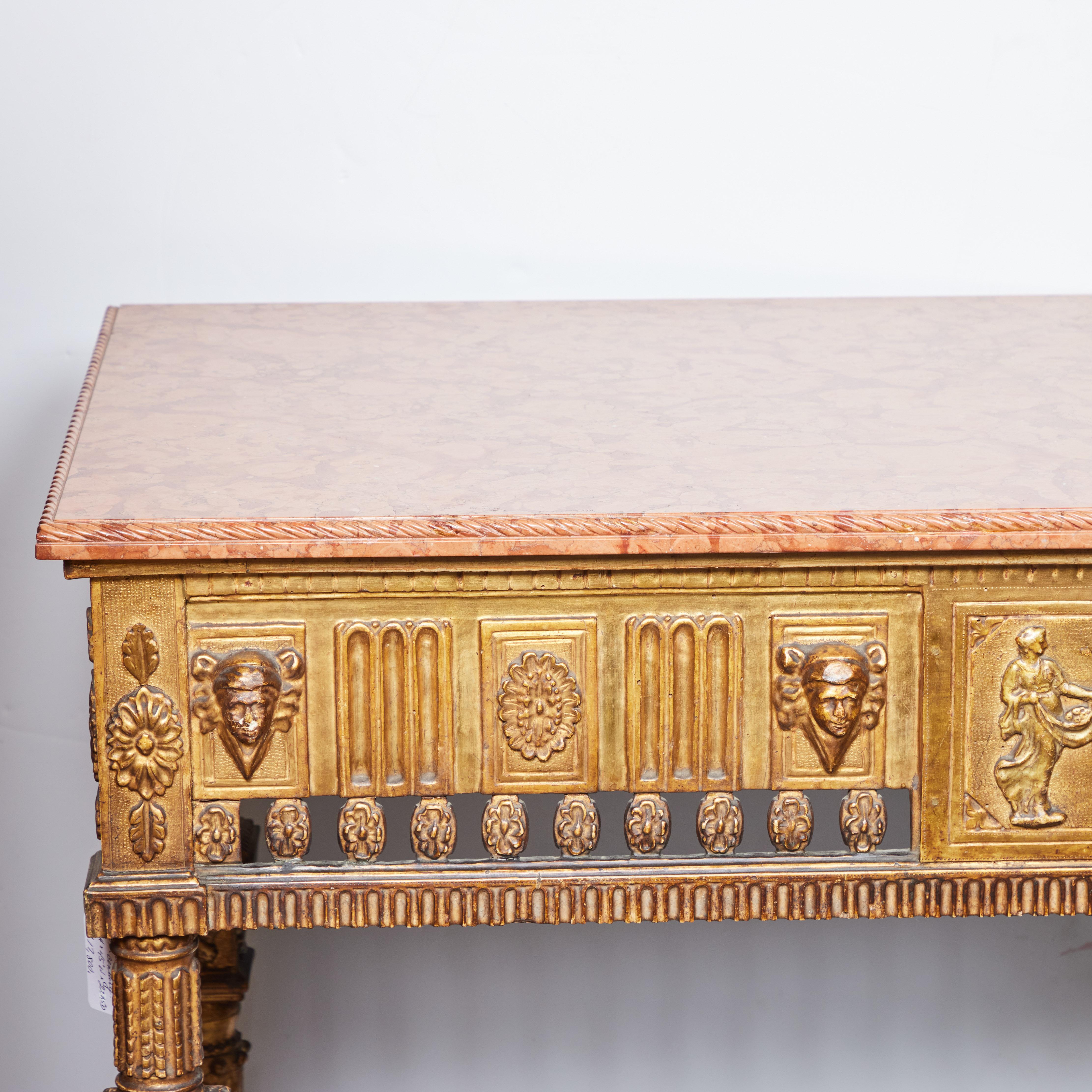 Hand-Carved Neoclassical Gilded Console with Marble Top For Sale
