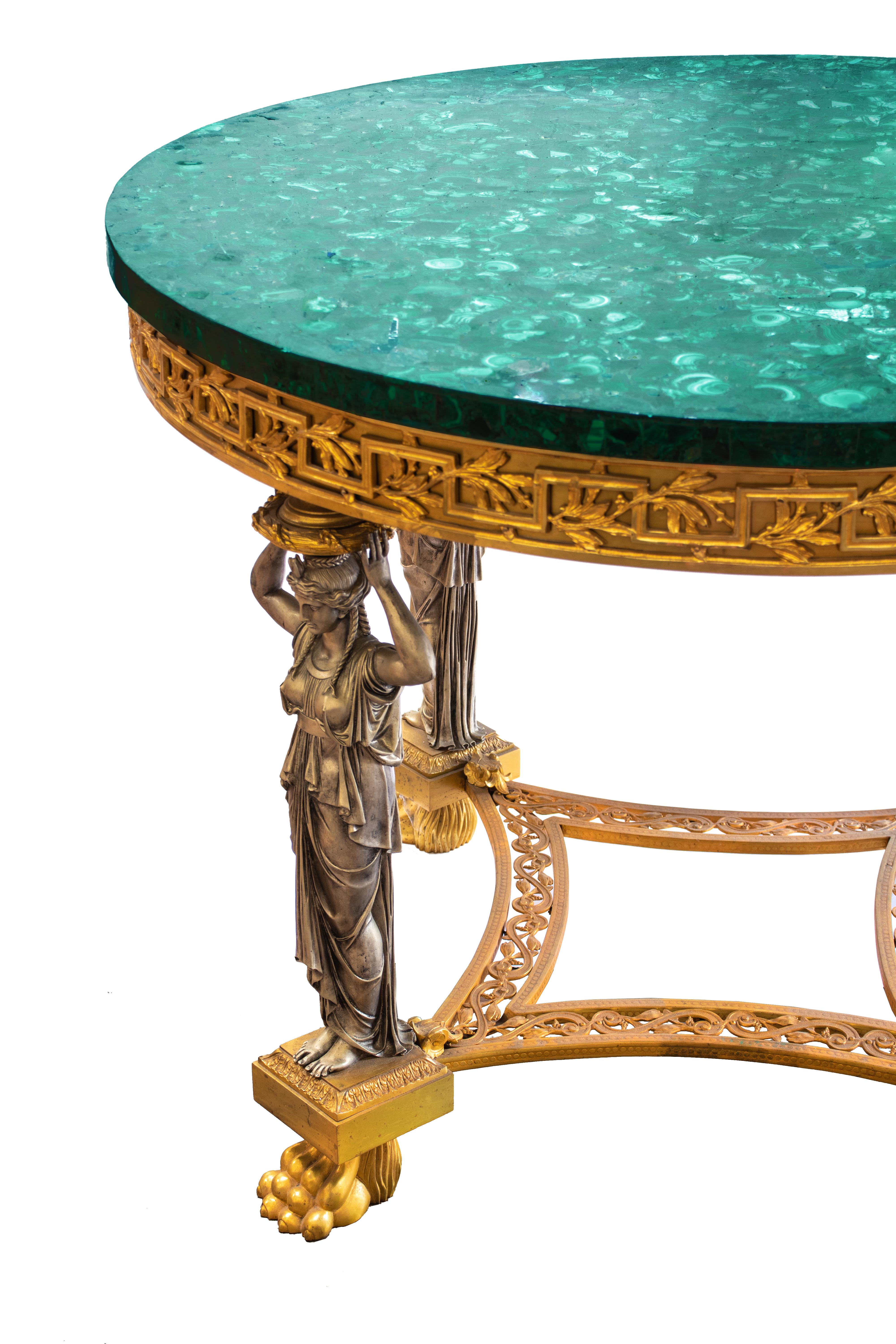 Table centrale ronde de style néoclassique avec un superbe plateau en placage de malachite. La base est en bronze argenté et doré, avec quatre cariatides sur des pieds griffus, supportant un bord massif. Les pieds sont reliés par des plaques courbes