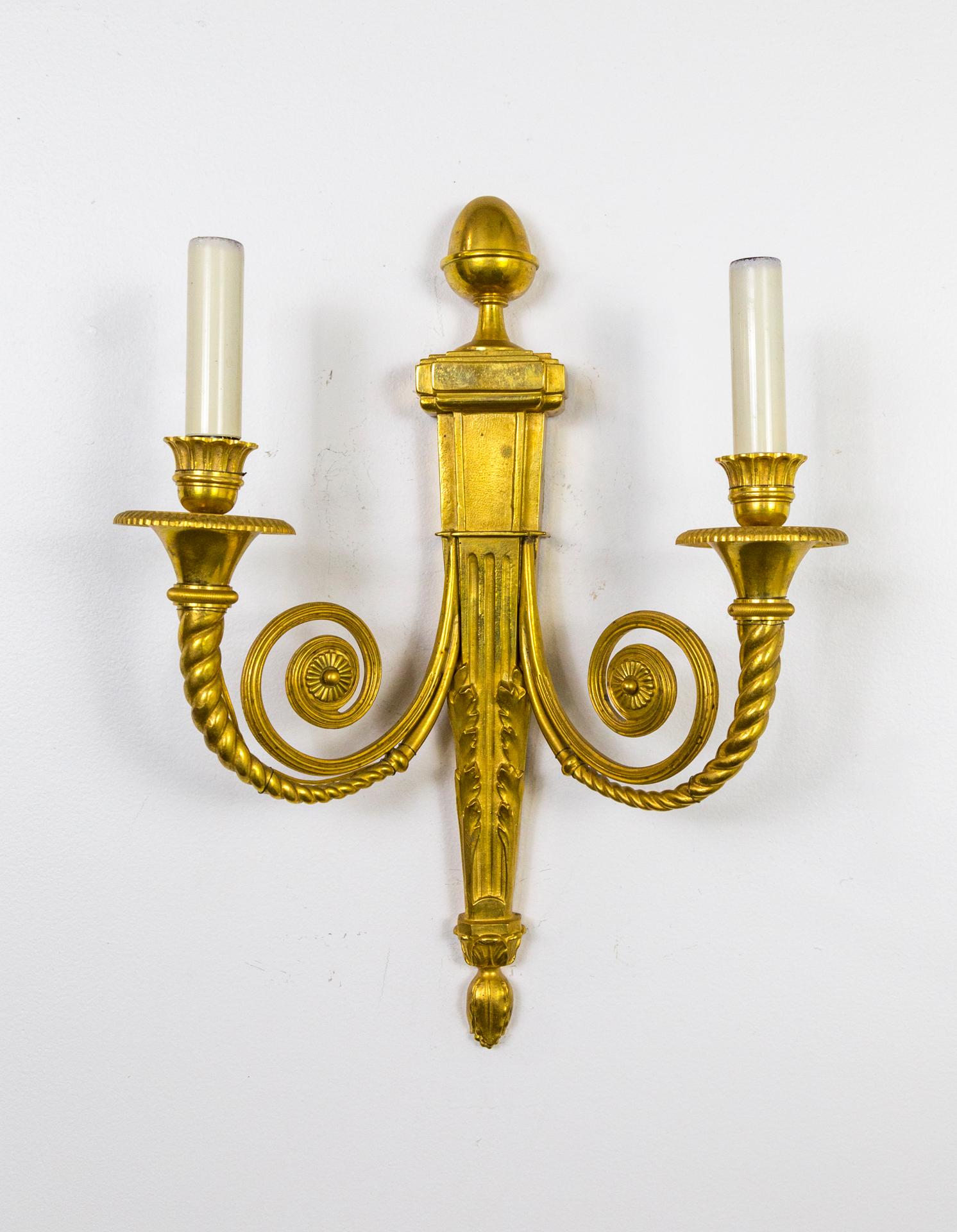 Neoclassical Gilt Bronze 2-Arm Spiral Sconces 'Pair' In Good Condition For Sale In San Francisco, CA