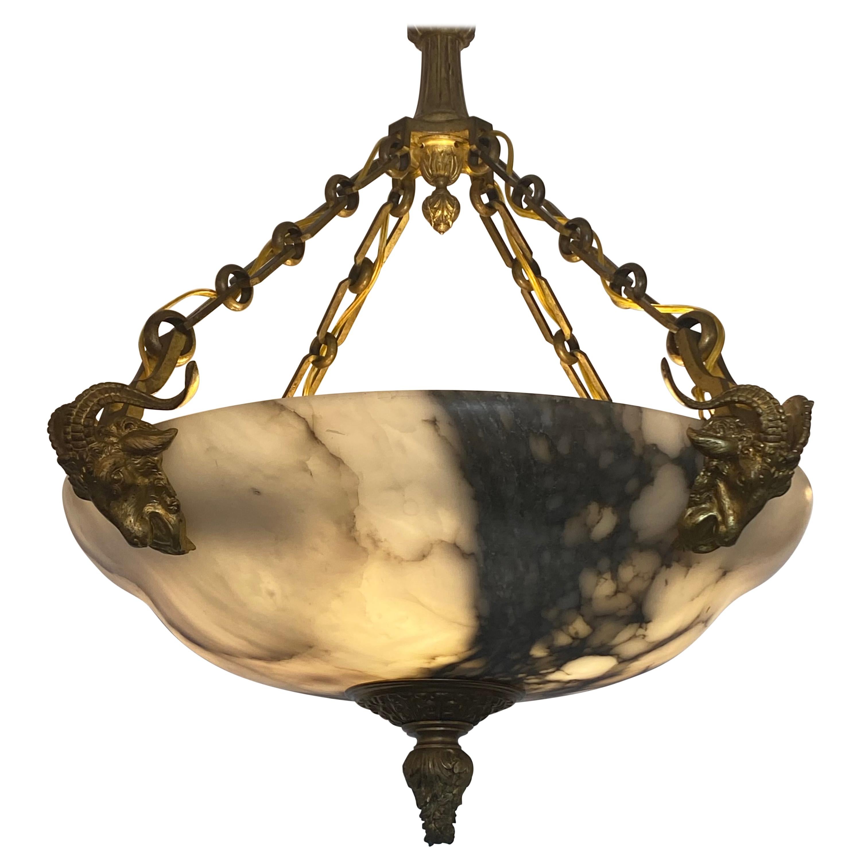 Neoclassical Gilt Bronze Alabaster Ram Chandelier