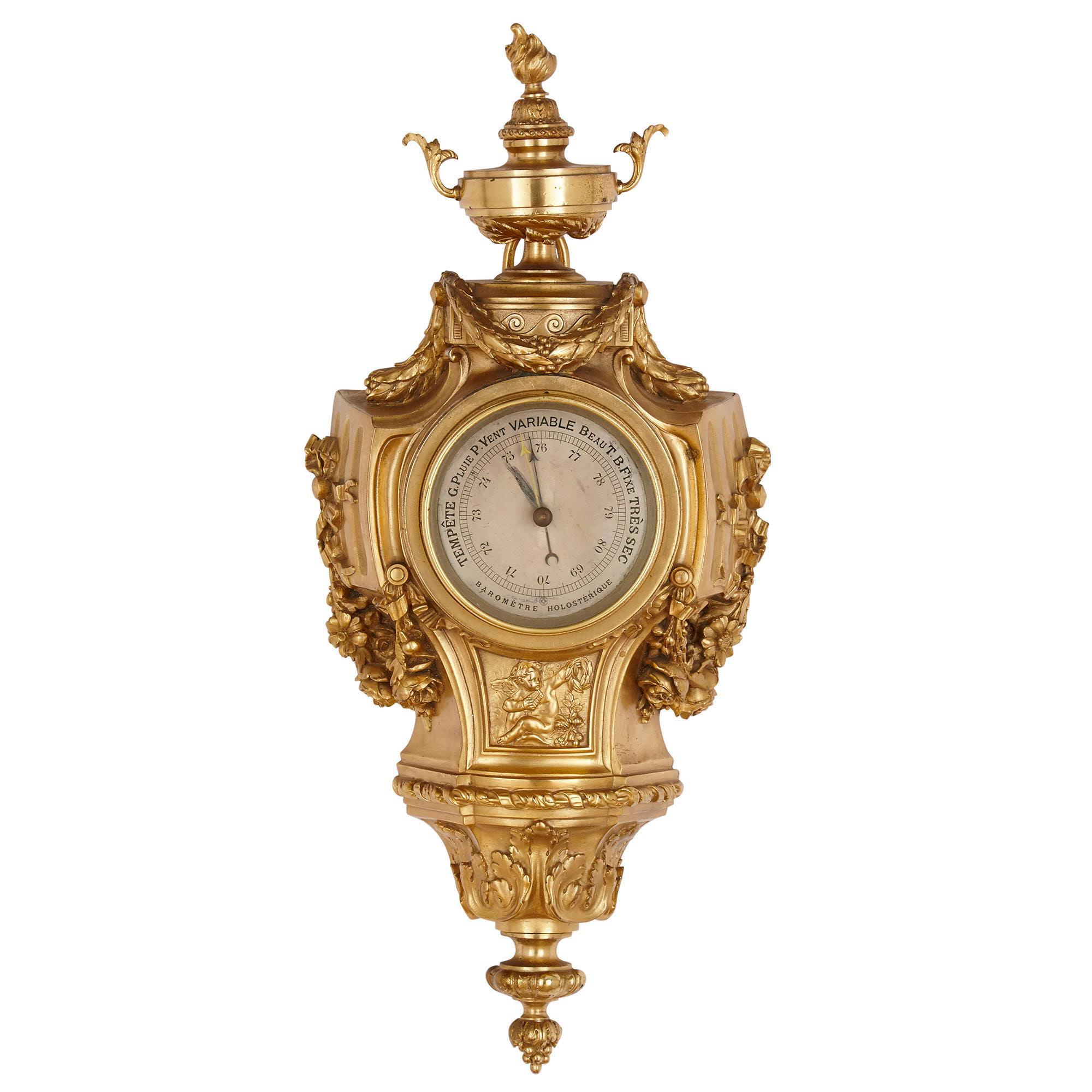 Louis XVI Neoclassical Gilt Bronze Clock and Barometer Set by Maison Mottheau