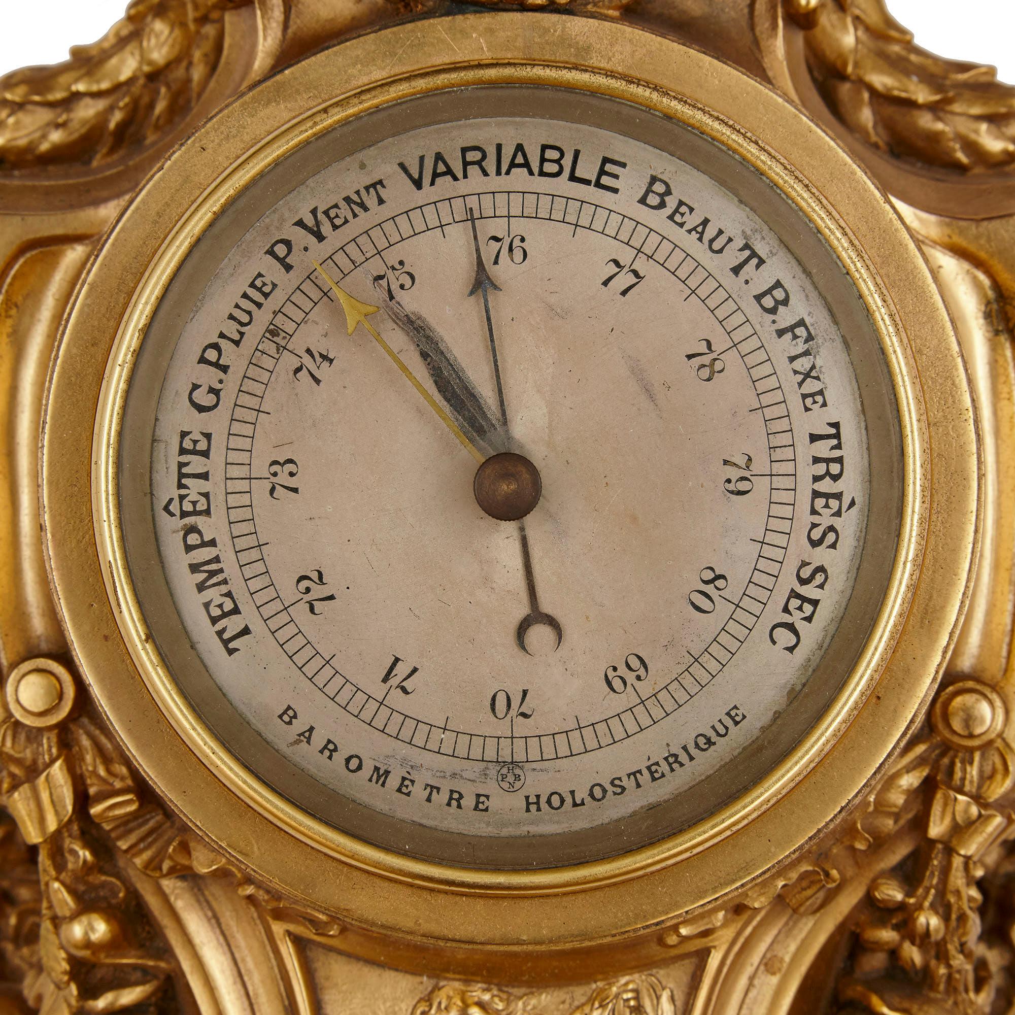 Neoclassical Gilt Bronze Clock and Barometer Set by Maison Mottheau 1