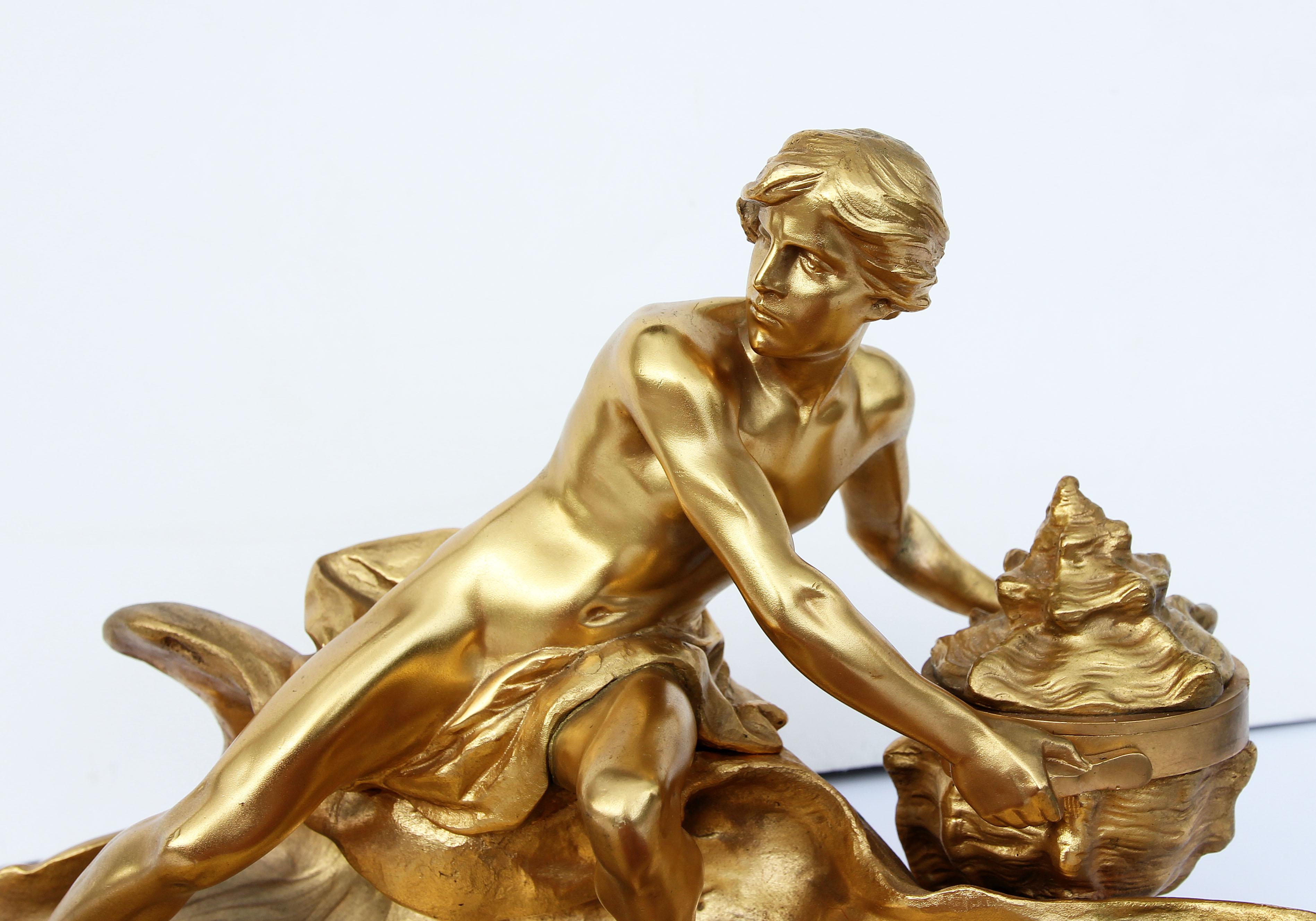 French Neoclassical Gilt Bronze Inkwell of a Young Neptune Holding a Seashell