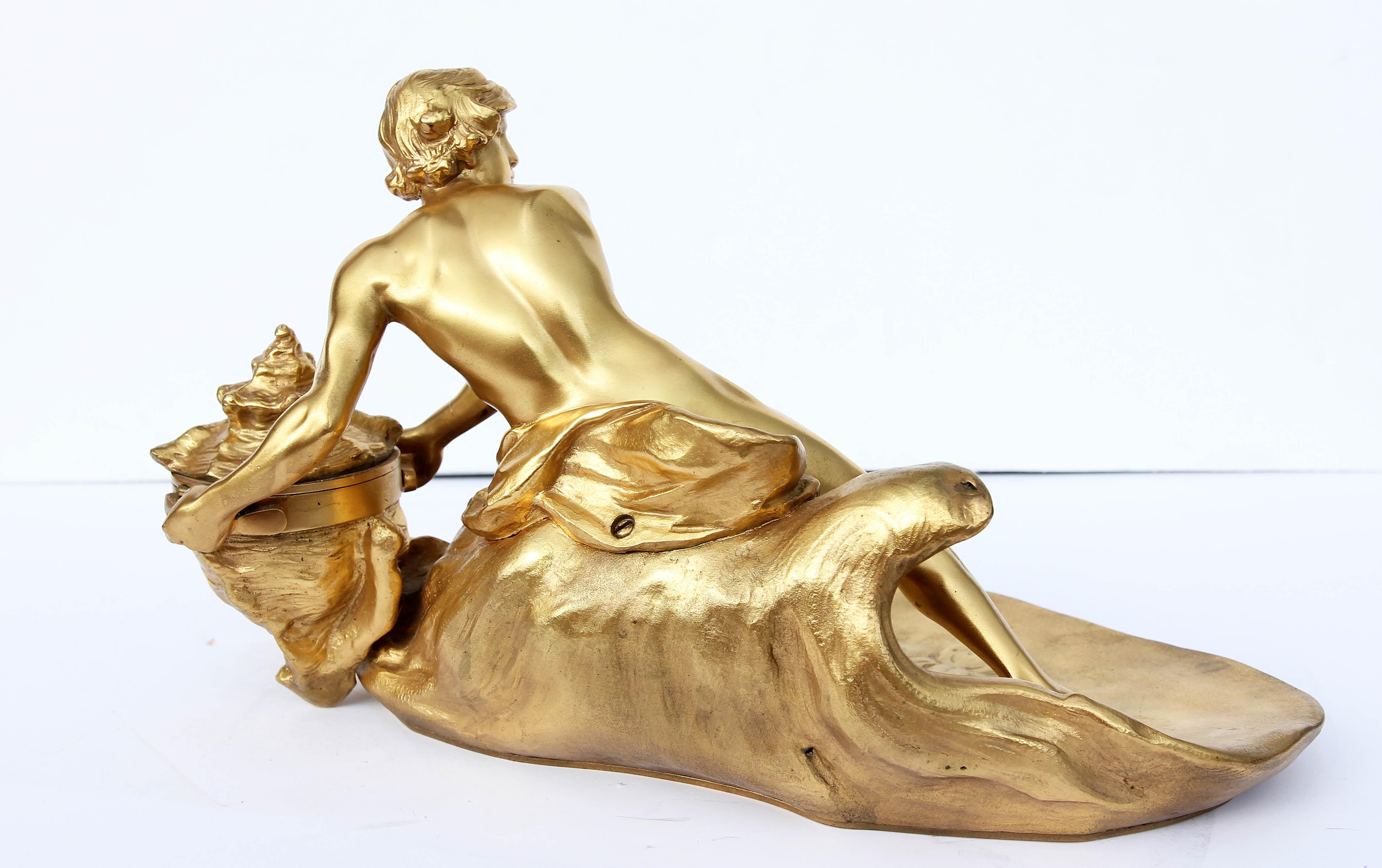 19th Century Neoclassical Gilt Bronze Inkwell of a Young Neptune Holding a Seashell
