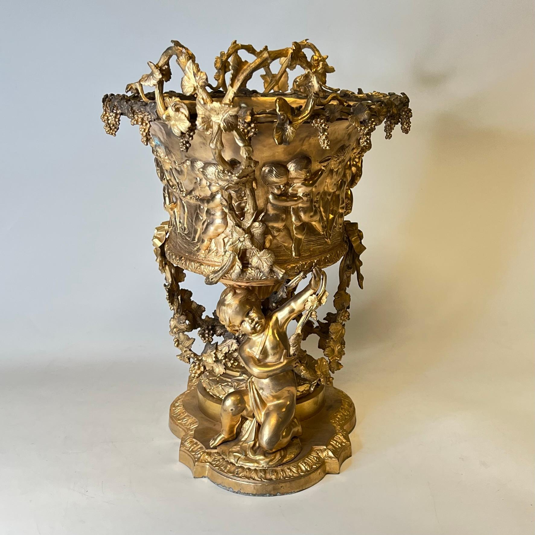 Neoclassical Gilt Bronze Jardiniere with Bacchanal Motif in Louis XVI Style 1