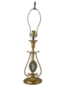 Neoclassical Gilt Bronze Lyre Table Lamp with Green Jasperware, Late 20th Centur