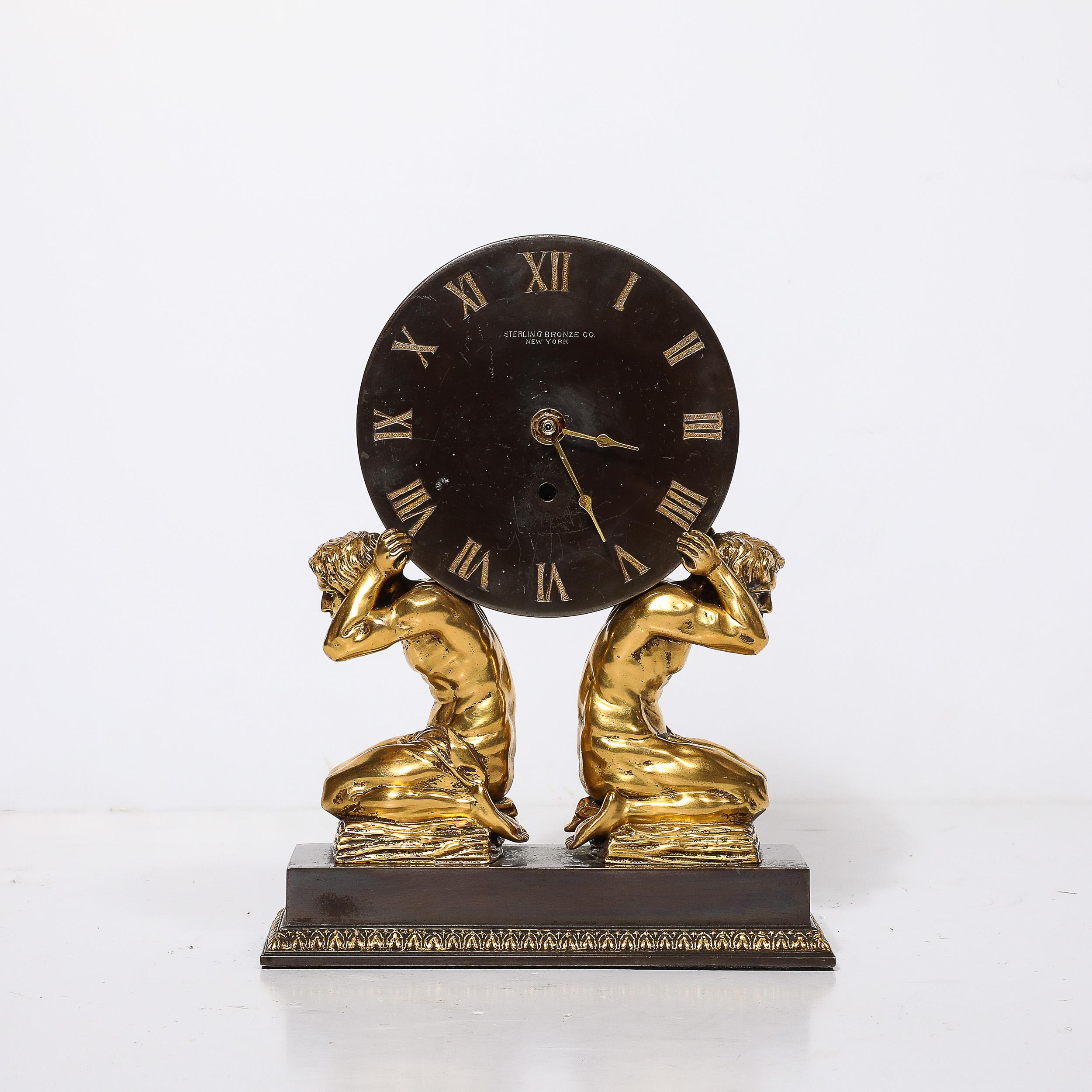 American Neoclassical Gilt Bronze Mantlepiece Clock by Sterling Bronze Co. For Sale