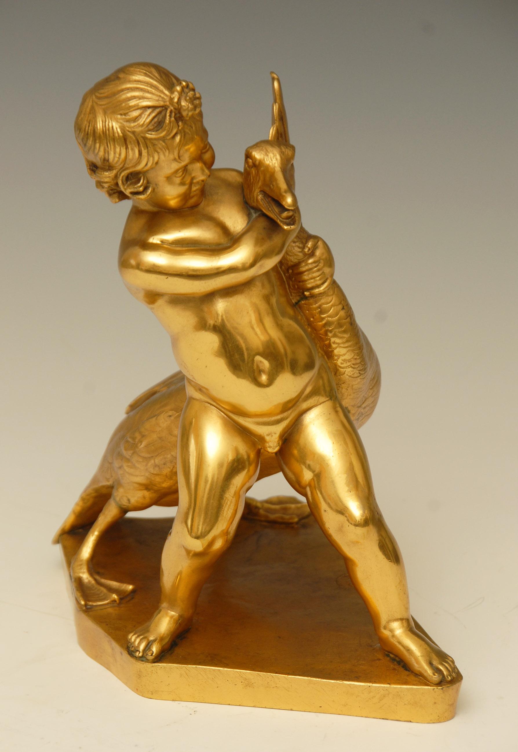 A charming gilt bronze sculpture of a small boy cuddling or playing with a large goose.
This is a French 1930s reproduction of a 150 AD marble sculpture by the Greek sculptor Boethos of Kalchedon which is on display in the Louvre in Paris.

Price