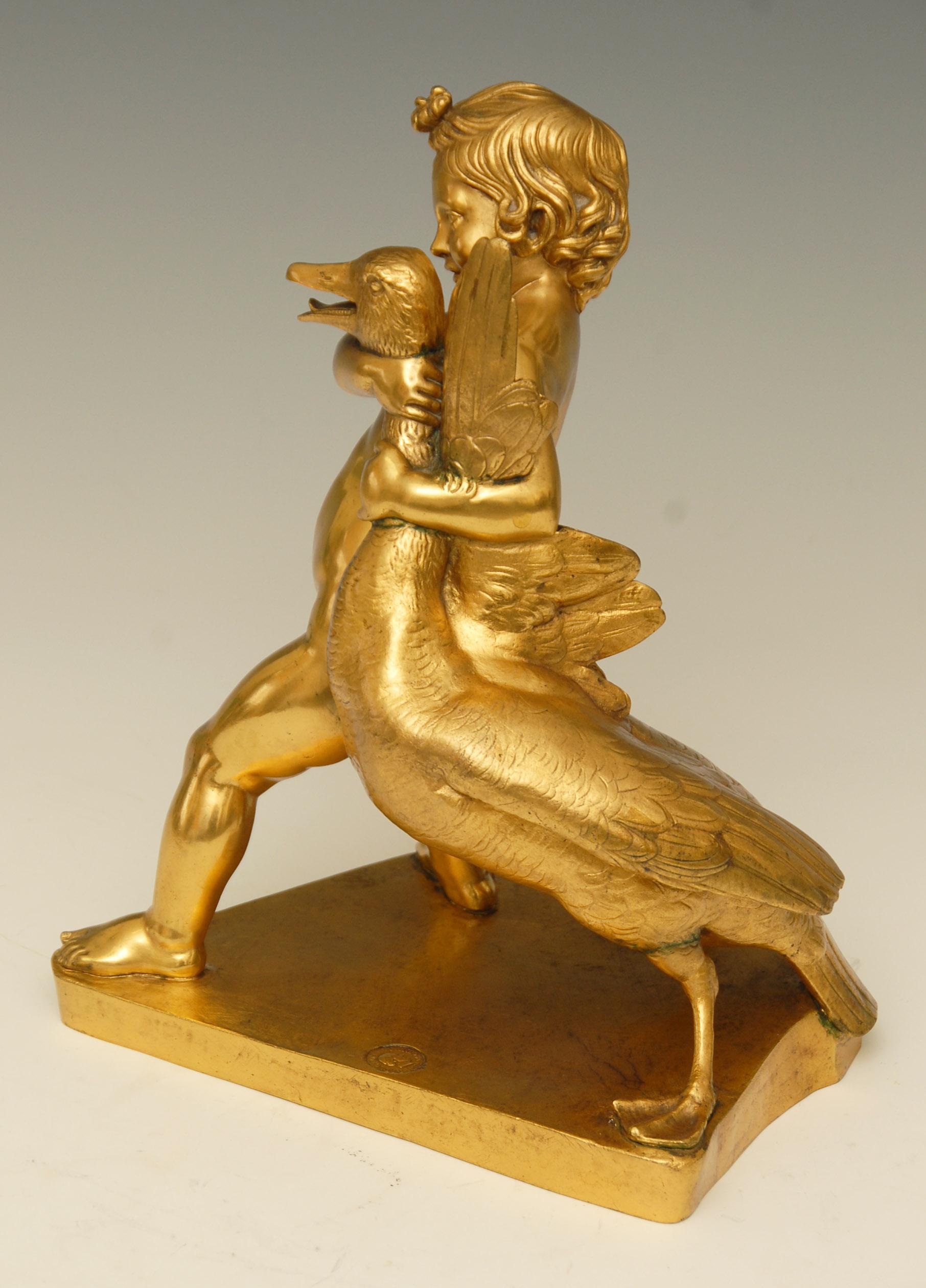 French Neoclassical Gilt Bronze Sculpture of a Small Boy with a Goose For Sale