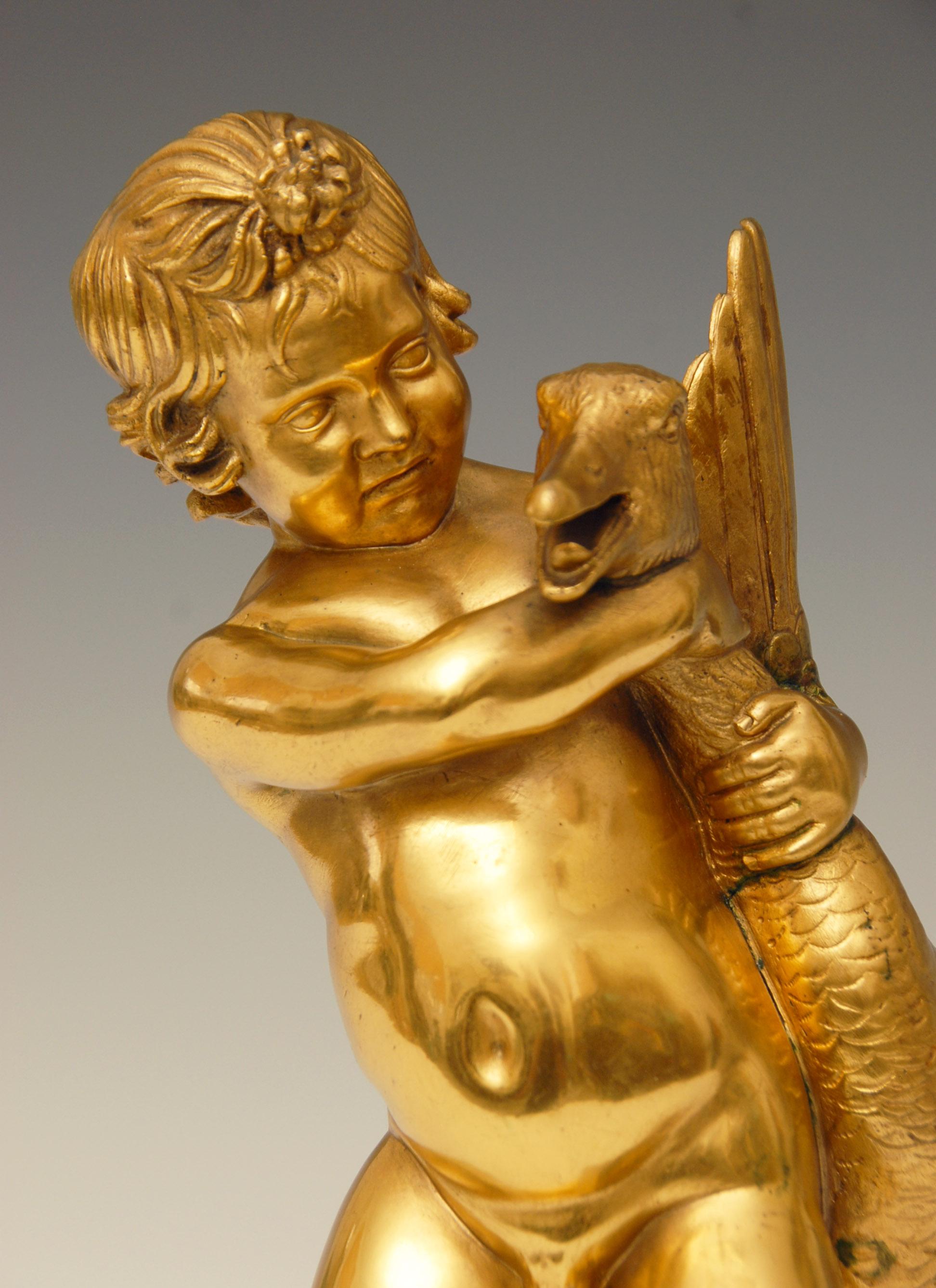 Neoclassical Gilt Bronze Sculpture of a Small Boy with a Goose In Good Condition For Sale In Brighton, GB