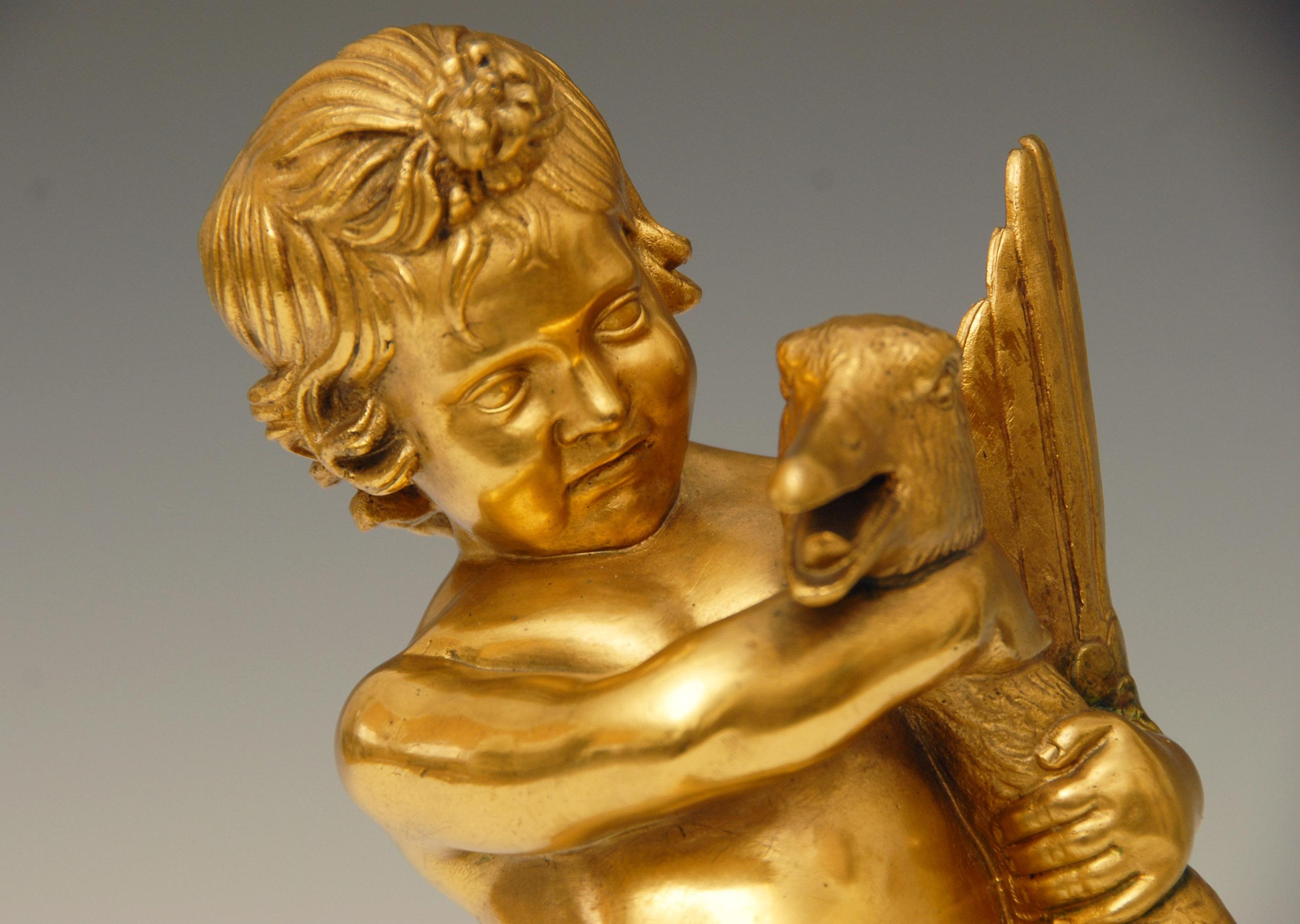 Neoclassical Gilt Bronze Sculpture of a Small Boy with a Goose For Sale 1