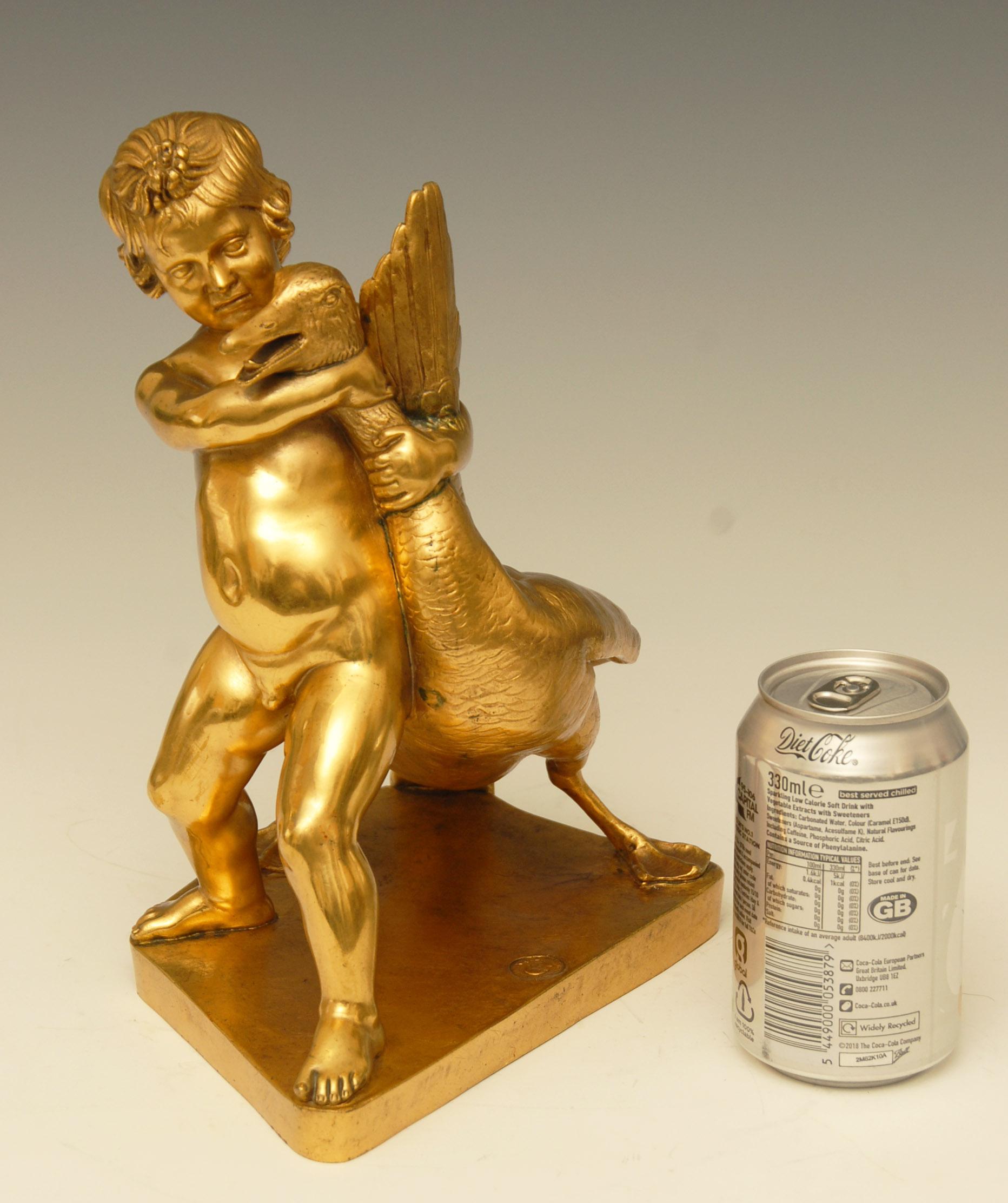 Neoclassical Gilt Bronze Sculpture of a Small Boy with a Goose For Sale 3