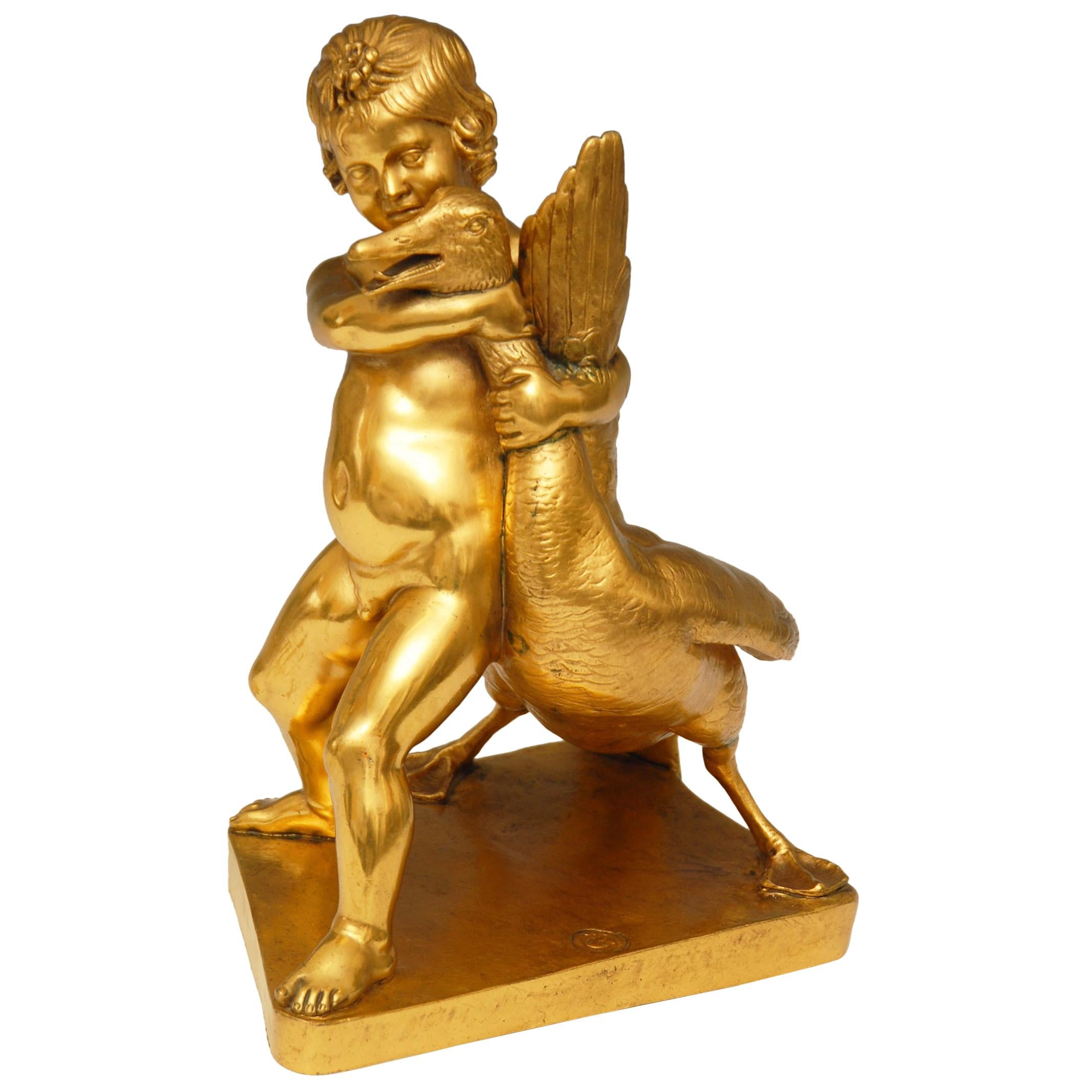 Neoclassical Gilt Bronze Sculpture of a Small Boy with a Goose For Sale