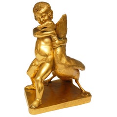 Neoclassical Gilt Bronze Sculpture of a Small Boy with a Goose