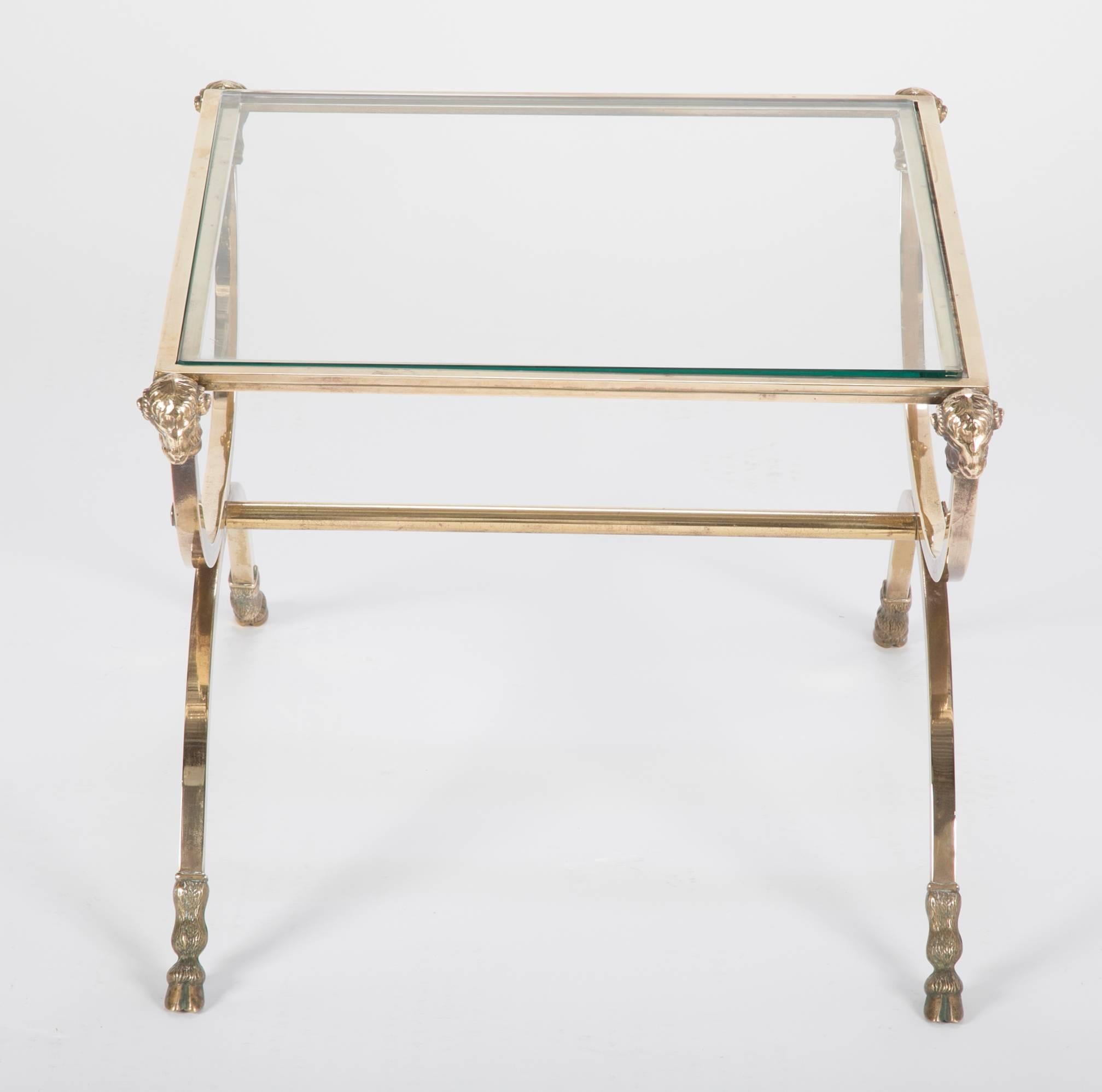 Italian Mid-Century Glass Topped Bronze Side Table with Rams Heads and Hoof Feet For Sale 5