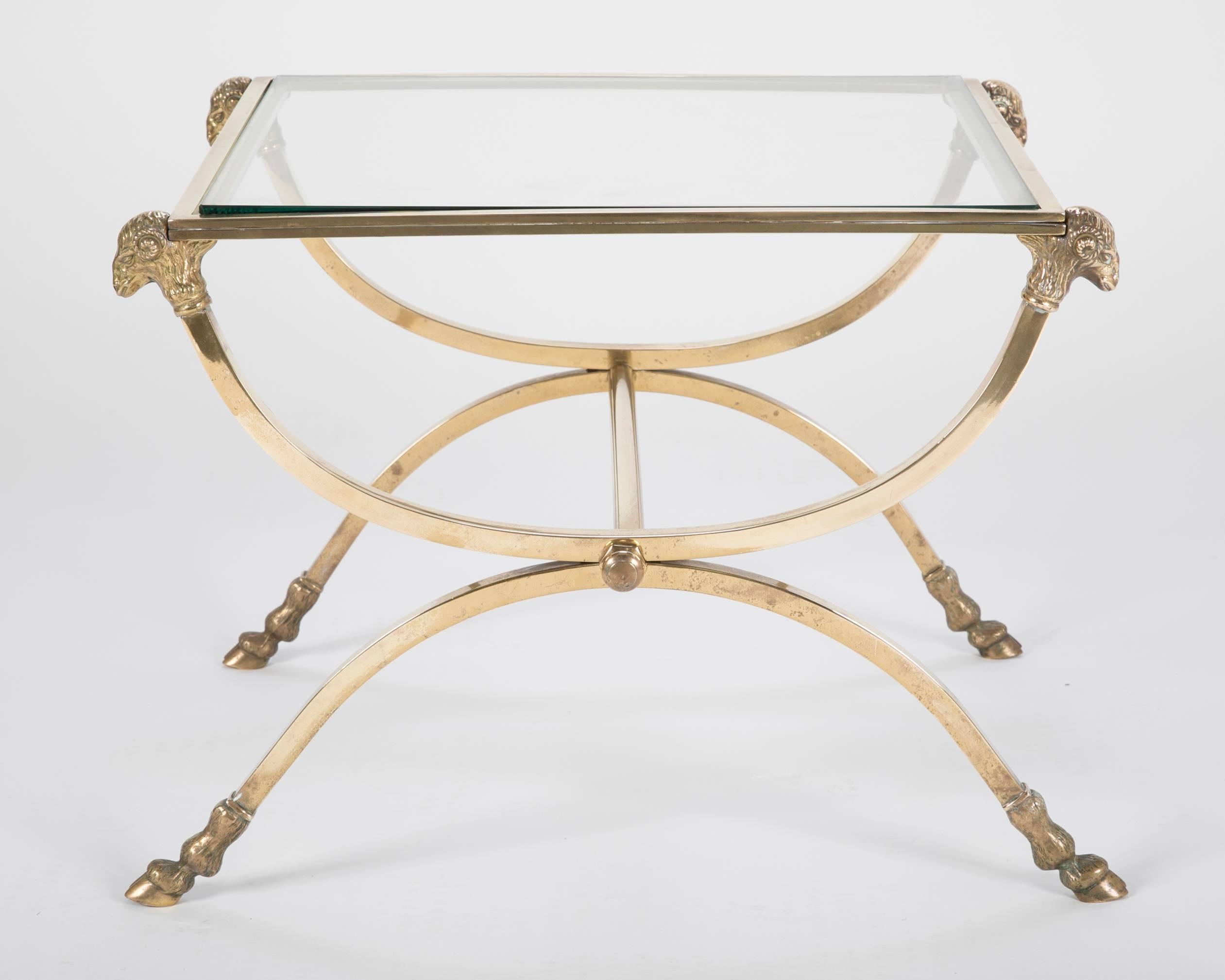 Italian Mid-Century Glass Topped Bronze Side Table with Rams Heads and Hoof Feet In Good Condition For Sale In Stamford, CT