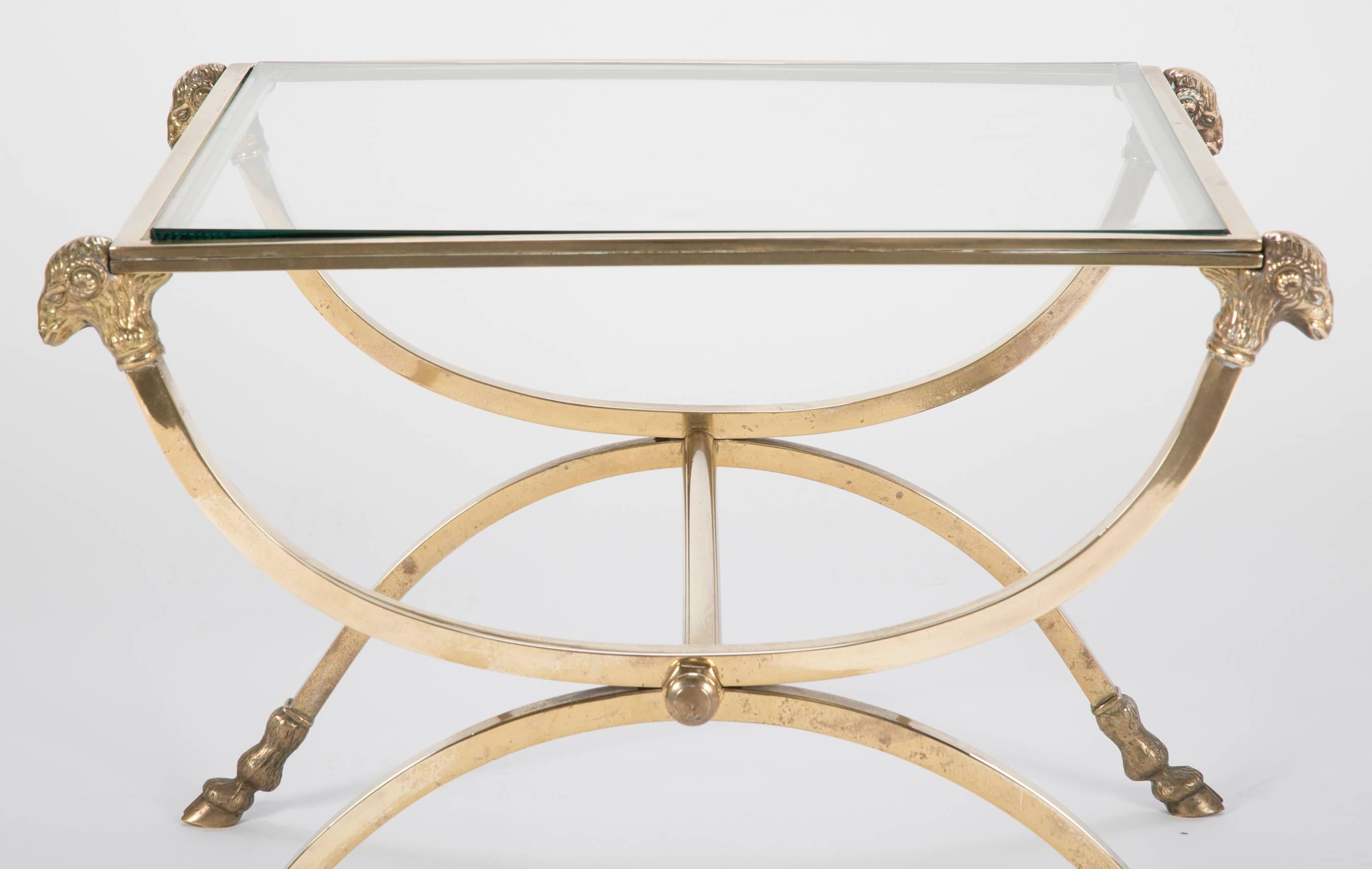 20th Century Italian Mid-Century Glass Topped Bronze Side Table with Rams Heads and Hoof Feet For Sale