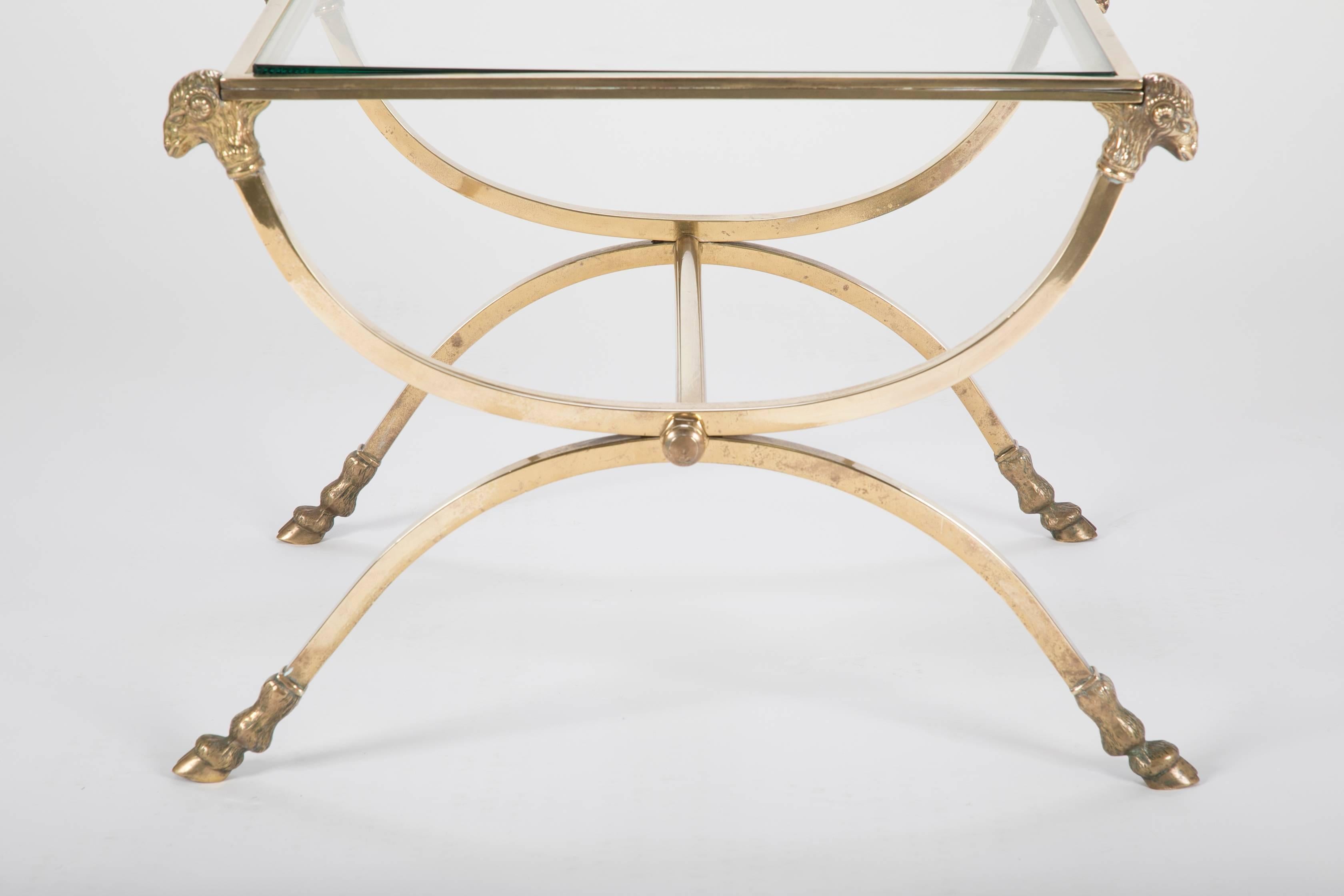 Italian Mid-Century Glass Topped Bronze Side Table with Rams Heads and Hoof Feet For Sale 1