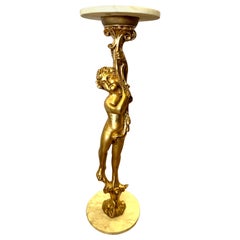 Vintage Neoclassical Gilt Cherub and Marble Pedestal Stand or Cigarette Table, Italy