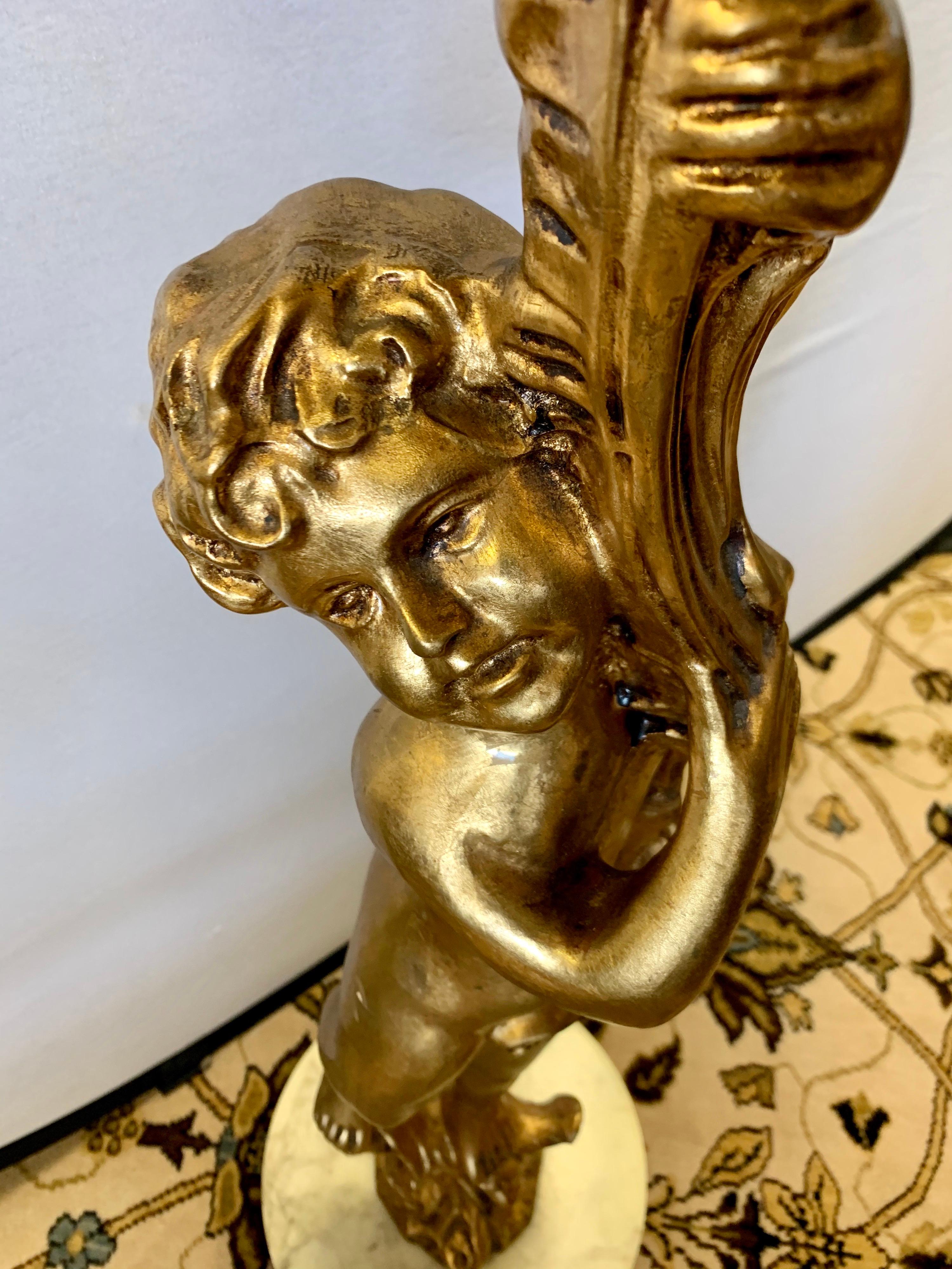 Mid-20th Century Neoclassical Gilt Cherub and Marble Pedestal Stand or Cigarette Table, Italy