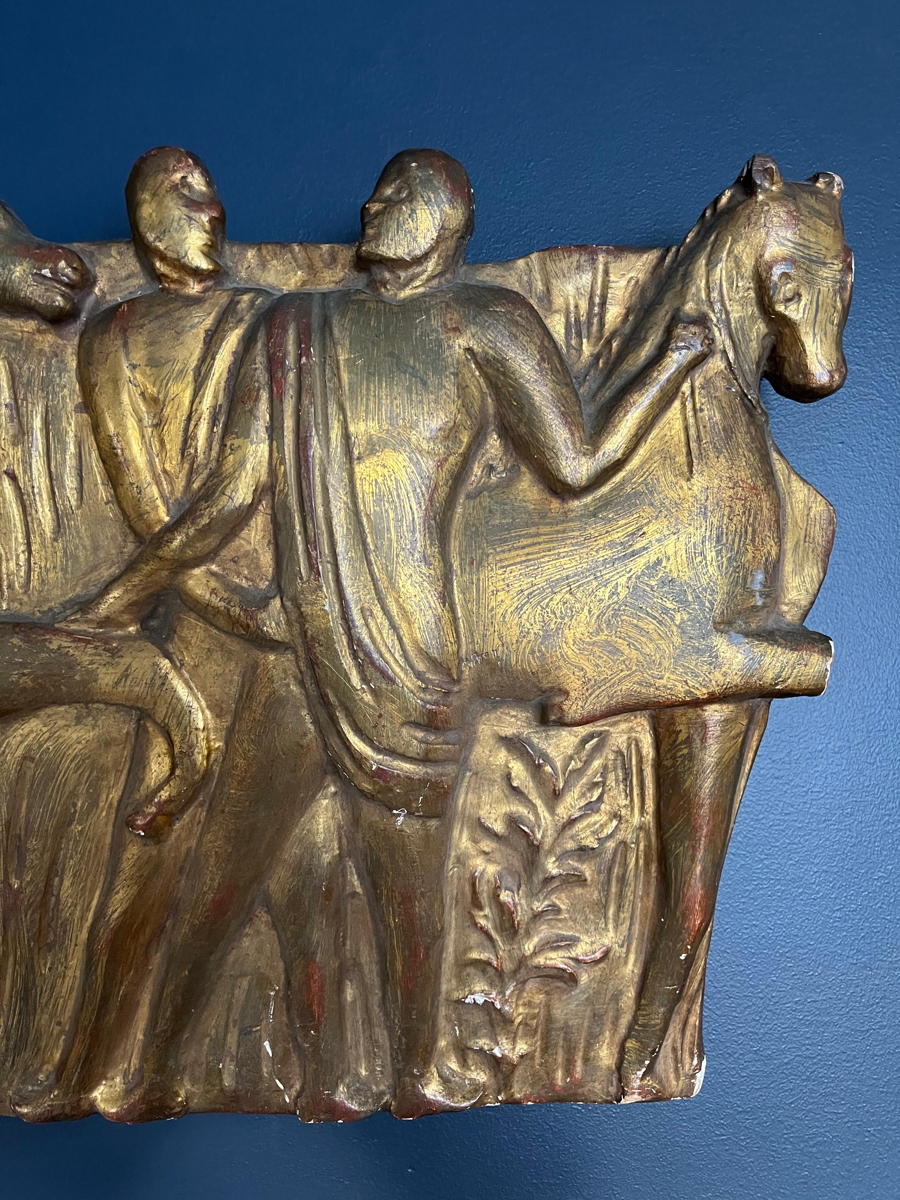 Original Italian gilt frieze by Fratelli Paolleti, Firenze(Florence) Italy. Neoclassical design with 2 Roman fiqures with horses. Nice horizontal design. Hand carved. Label with makers mark and numbered as well as stamped. 