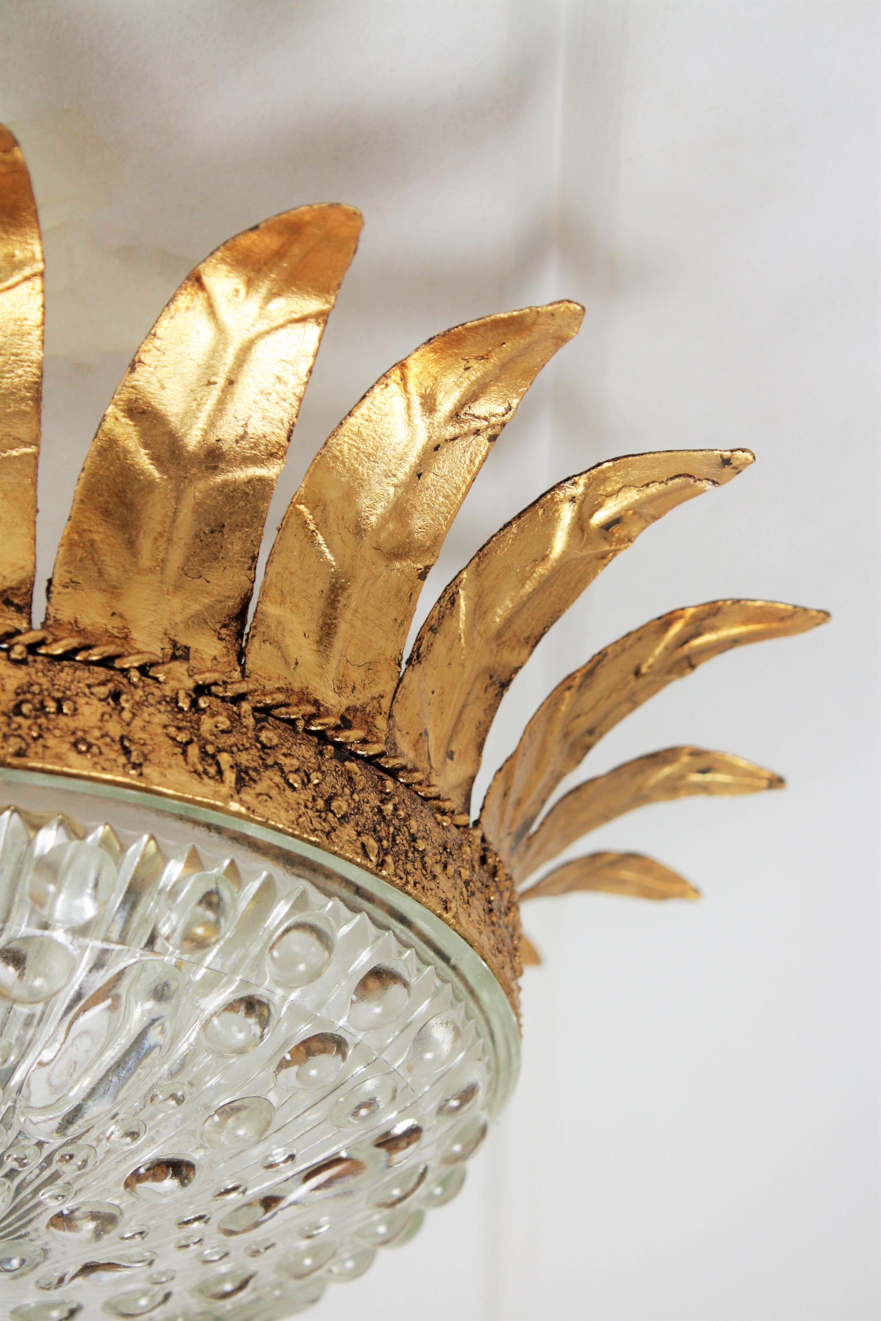 Neoclassical Gilt Iron And Glass Crown Flush Mount Ceiling Light Spain 1940s