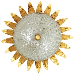 Neoclassical Gilt Iron and Glass Crown Sunburst Flush Mount, Spain, 1940s
