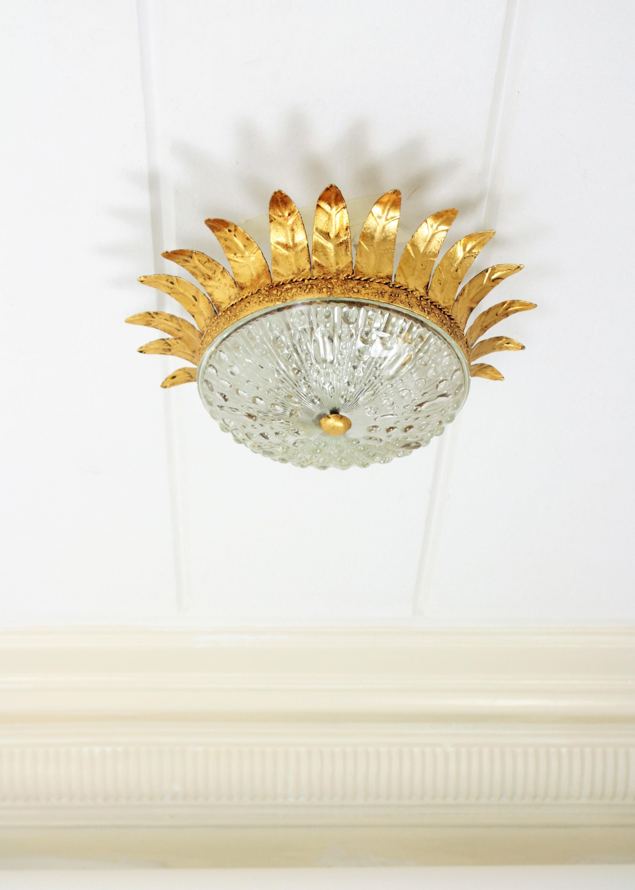 Spanish Neoclassical Gilt Iron and Glass Crown Sunburst Flush Mount, Spain, 1940s