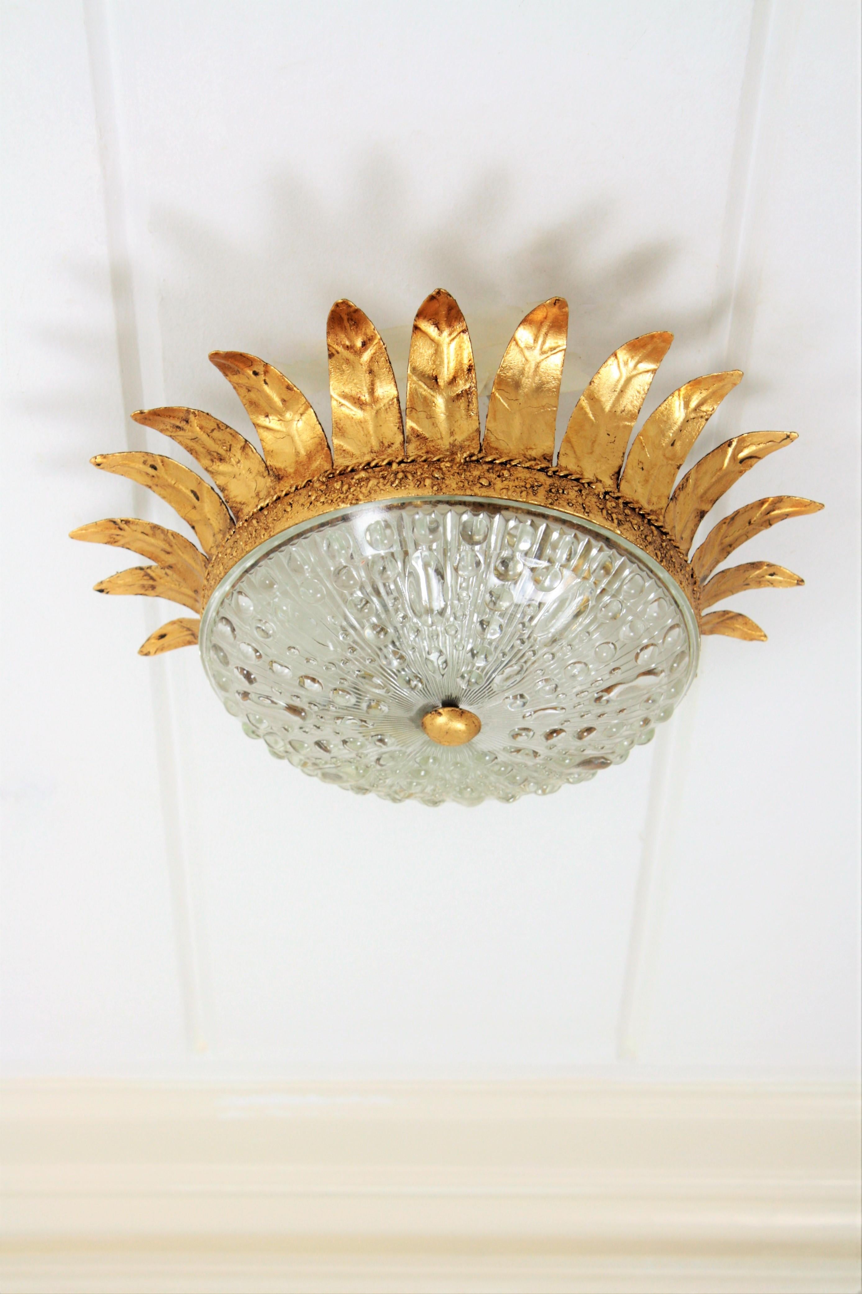 Neoclassical Gilt Iron and Glass Crown Sunburst Flush Mount, Spain, 1940s In Excellent Condition In Barcelona, ES