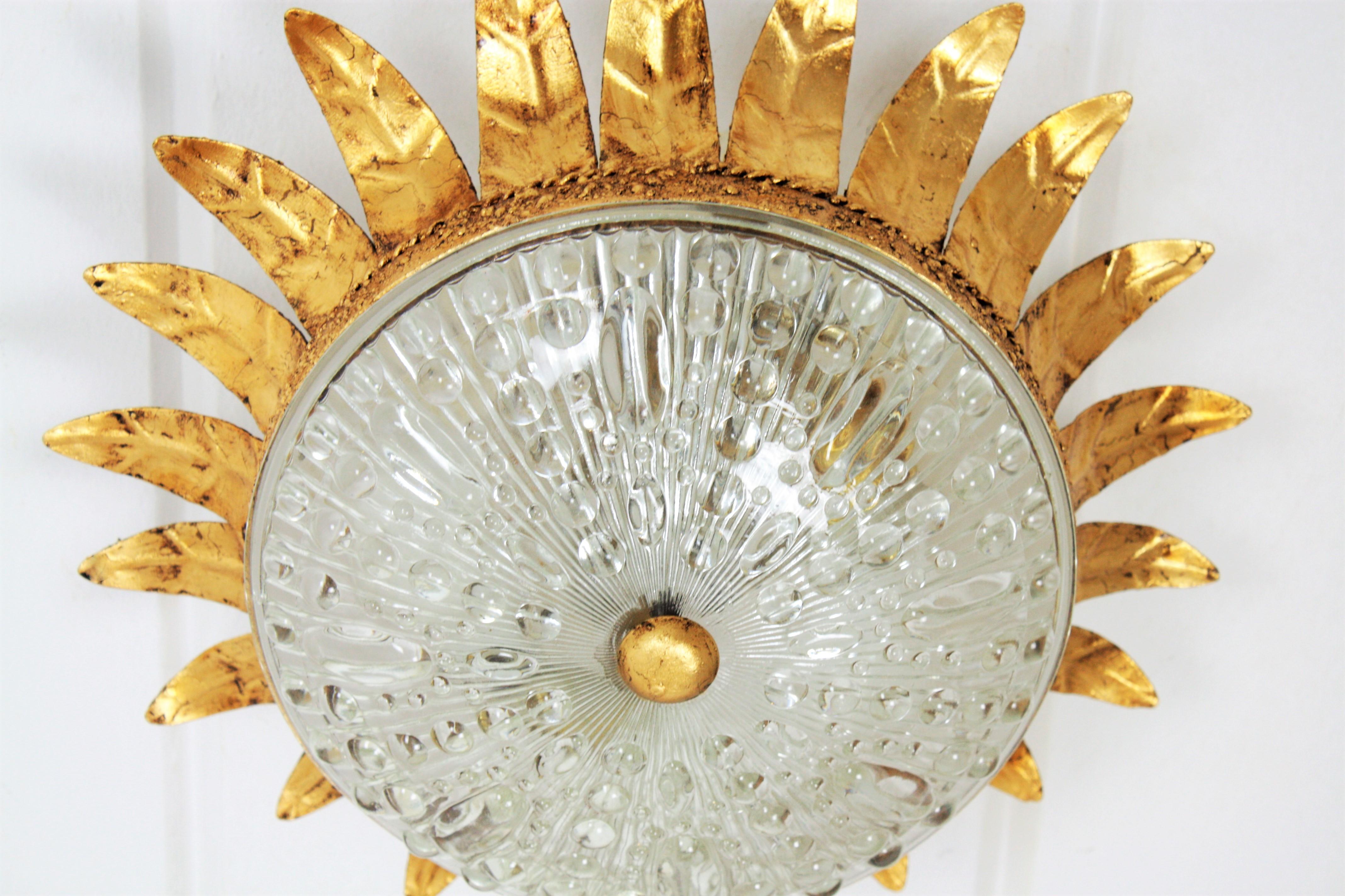 20th Century Neoclassical Gilt Iron and Glass Crown Sunburst Flush Mount, Spain, 1940s