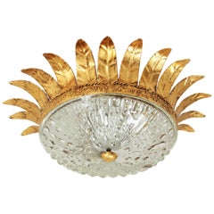 Neoclassical Gilt Iron and Glass Crown Sunburst Flush Mount, Spain, 1940s