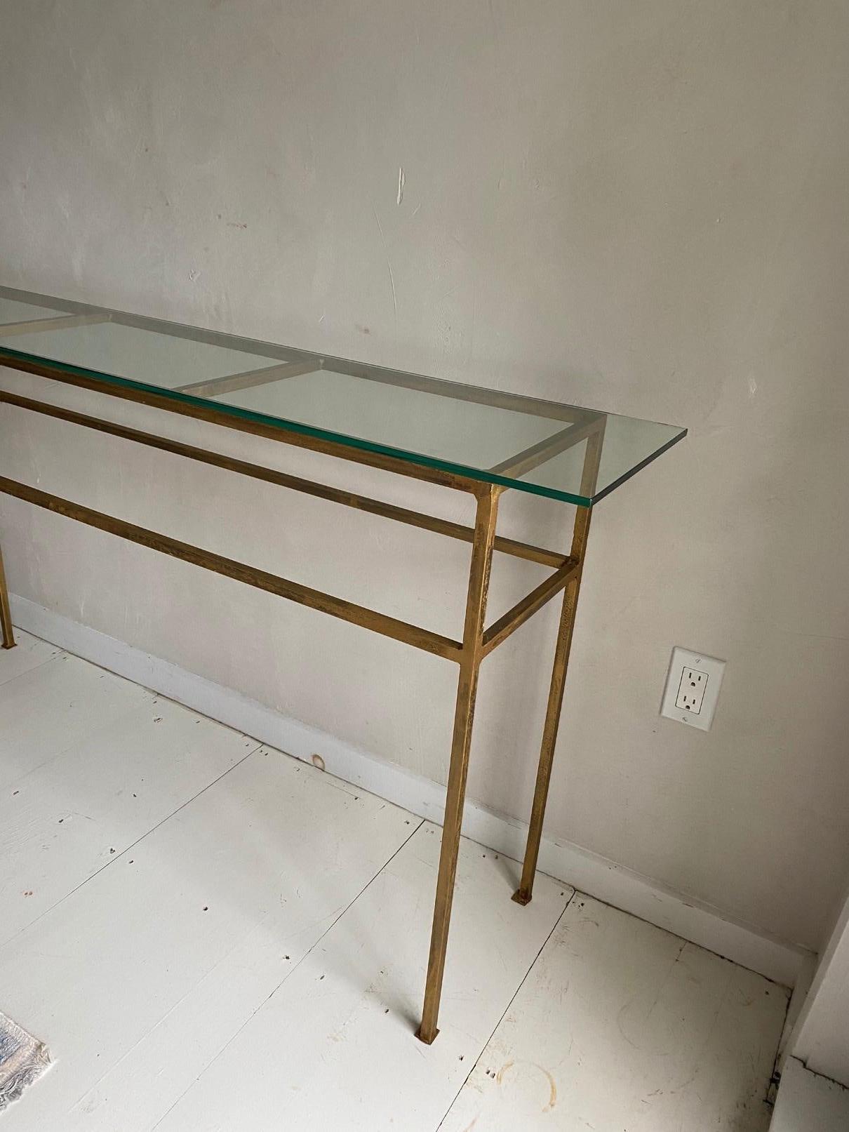 Elegant, contemporary and rustic at the same time, the custom made iron base has a gold finish, other finishes are available.  
Ask us for quote for custom sizing.
Great as console, sofa table, entry foyer table.
Search terms: Industrial console