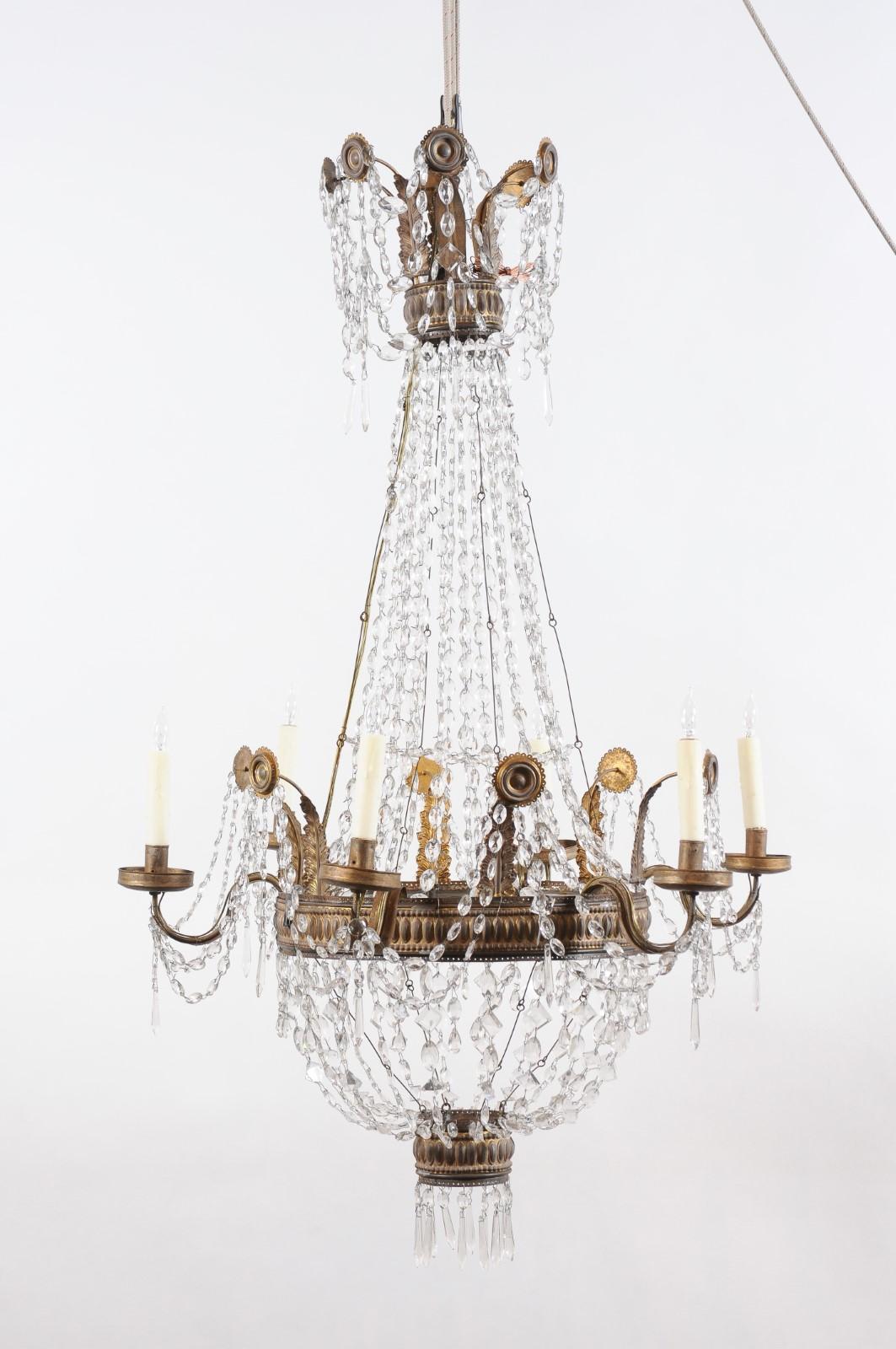 Neoclassical Gilt Metal Chandelier featuring Greek Key Design with Crystal For Sale 6