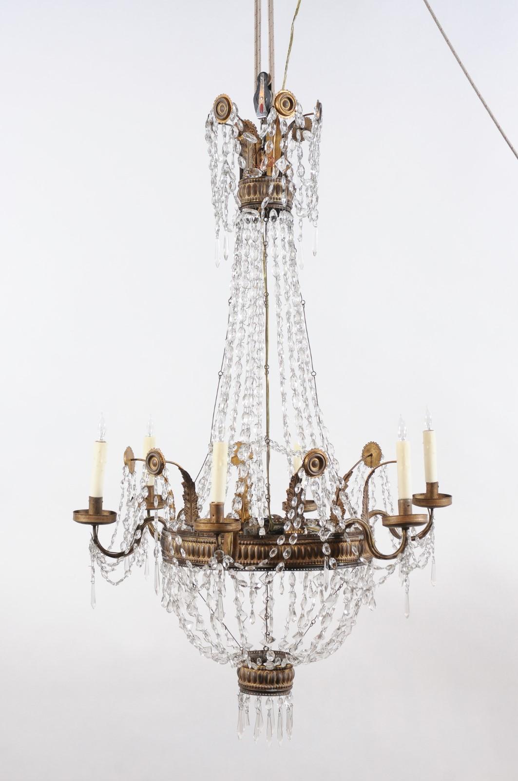 Neoclassical Gilt Metal Chandelier featuring Greek Key Design with Crystal For Sale 7