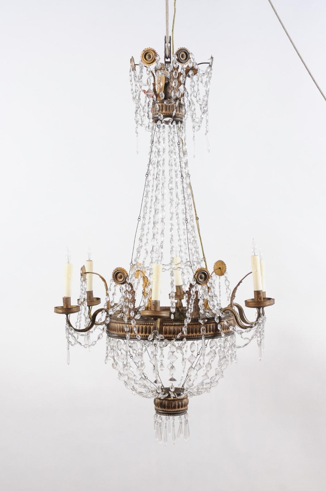 Neoclassical Gilt Metal Chandelier featuring Greek Key Design with Crystal, Italy ca. 1790